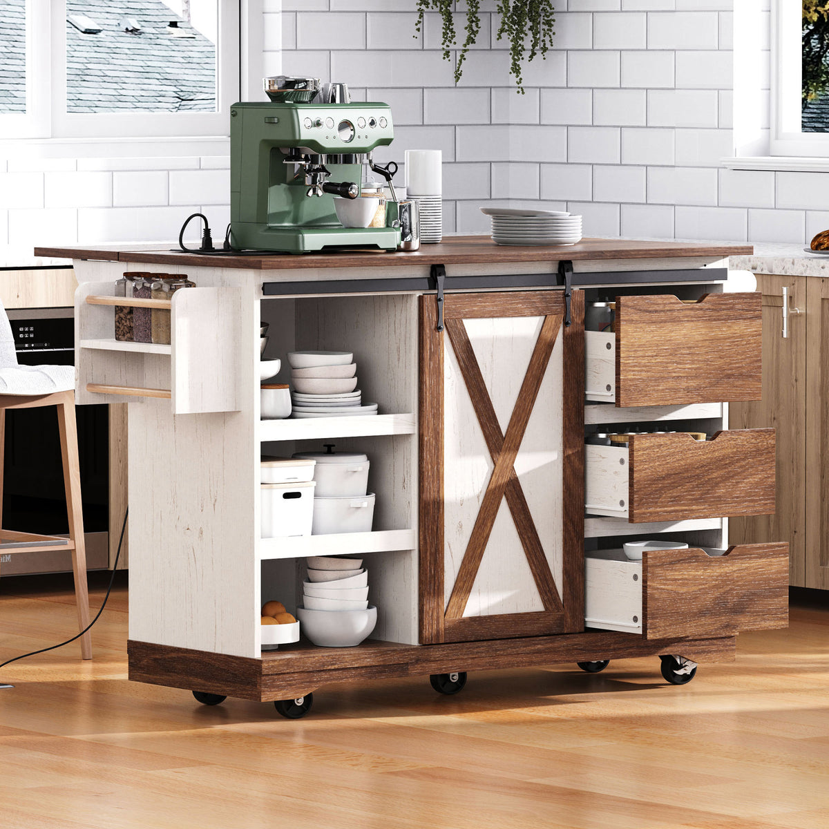 variant-group:rf-n707p288229w|Roomfitters 55.5" Rolling Kitchen Island with Drop Leaf, Mobile Kitchen Storage Cart with Sliding Barn Door, Power Outlets, White