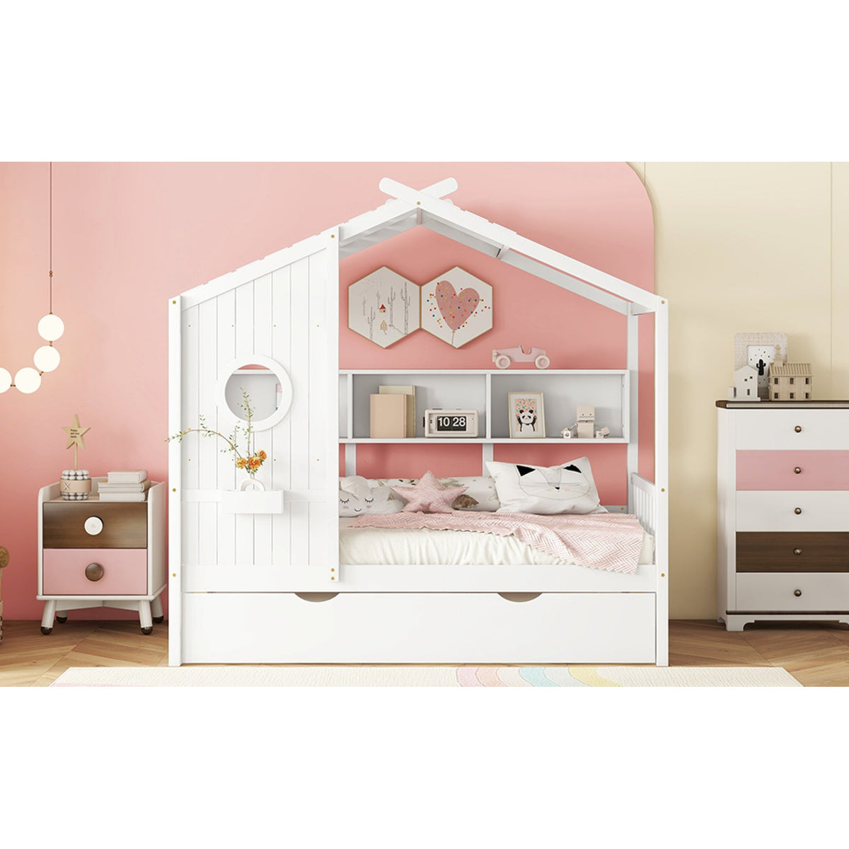 Roomfitters Wooden Twin Size House Bed with Trundle and Storage Shelf, White