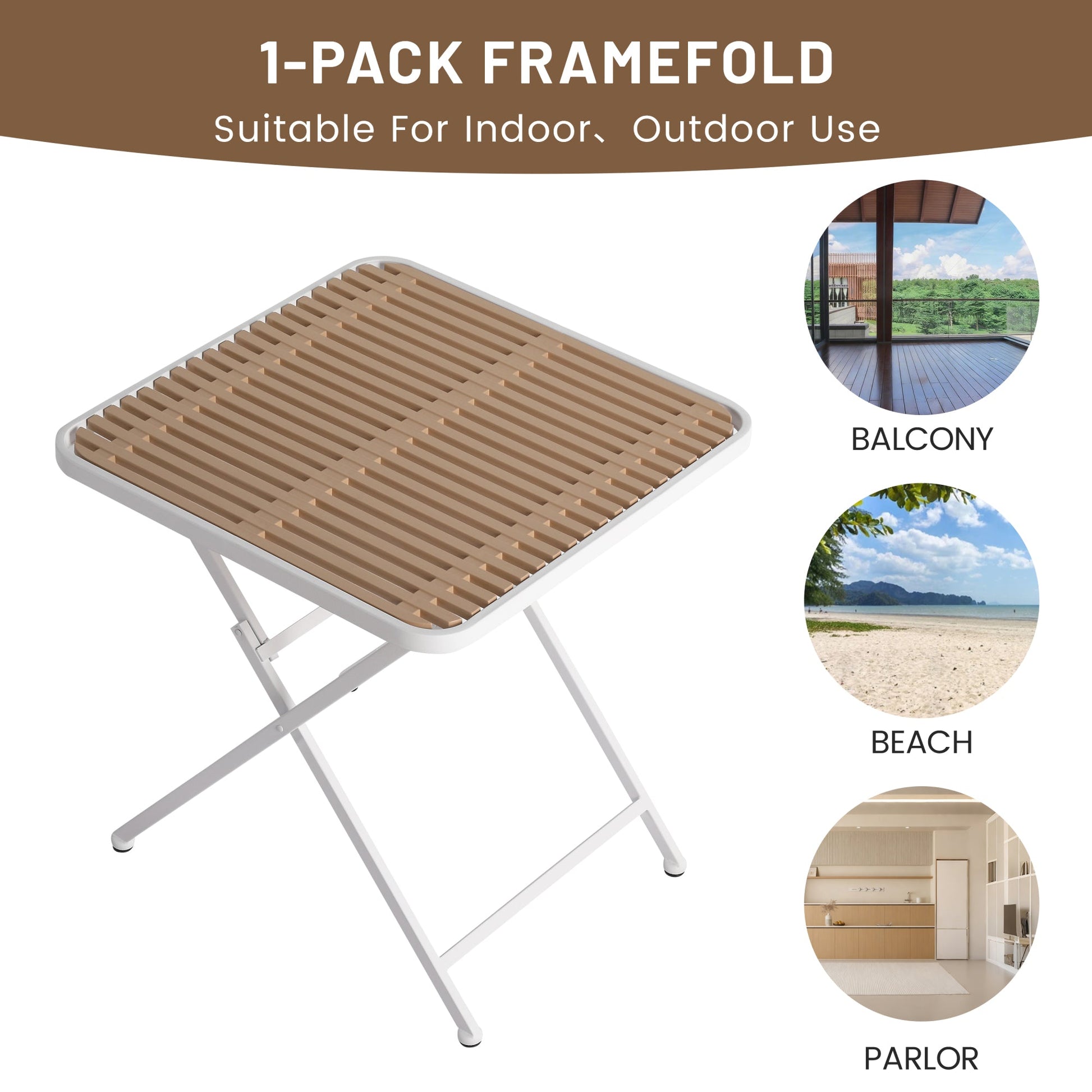 Summer - Modern folding square table- indoor and outdoor multi-functional table- polypropylene tabletop with metal legs, suitable for dining rooms, living rooms, gardens, terraces, etc. (White, khaki) Roomfitters
