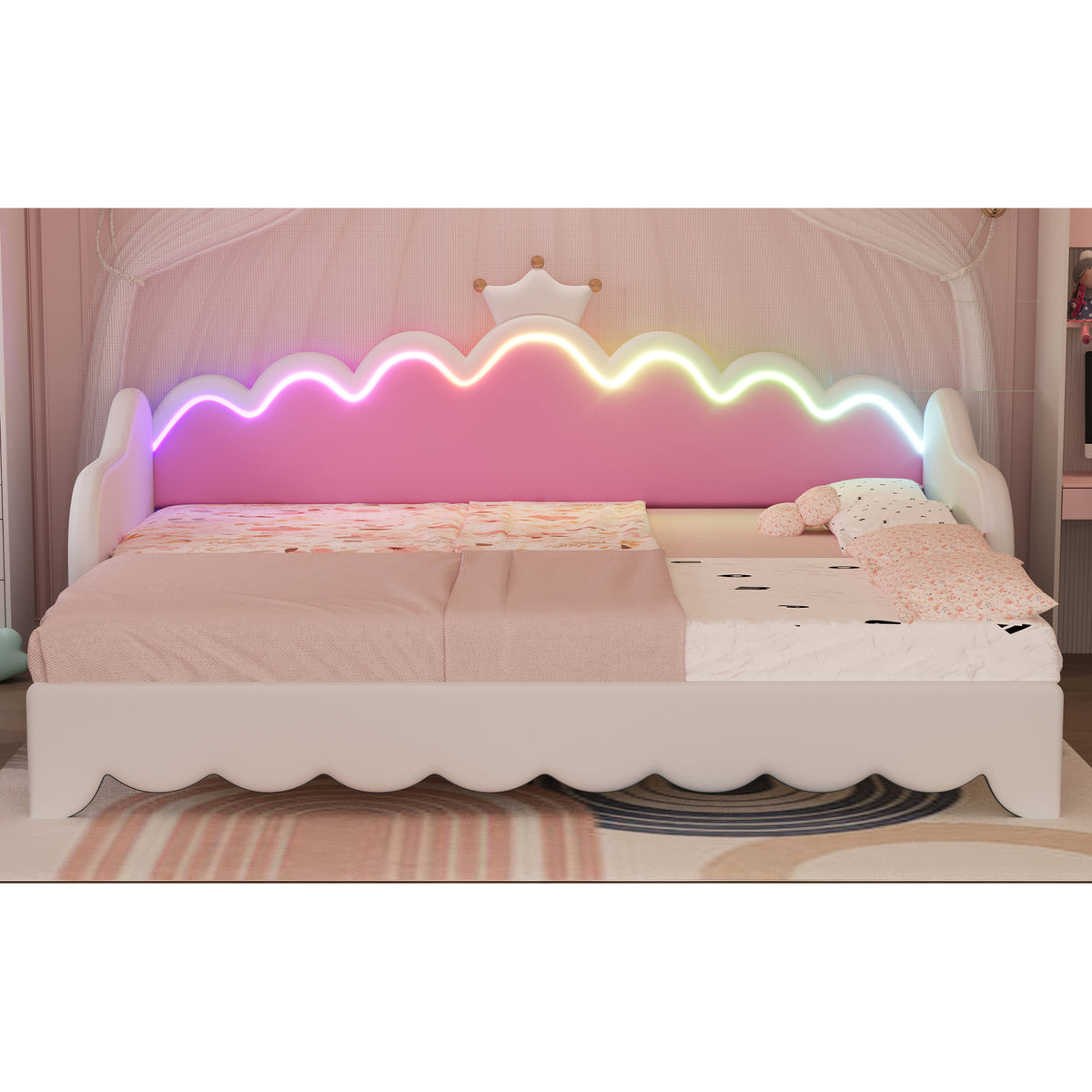 variant-group:rf-n733hl000104aak|Roomfitters Twin Extending Daybed with Lights, Modern Upholstered Princess Daybed with Crown Headboard, Sophisticated and Functional Design, White