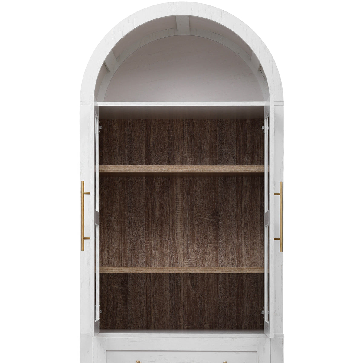 variant-group:rf-n707p288972w|Roomfitters 71" Pantry Cabinet with Arched Top and Glass Doors, 2 Storage Drawers and Adjustable Shelves for Kitchen, White