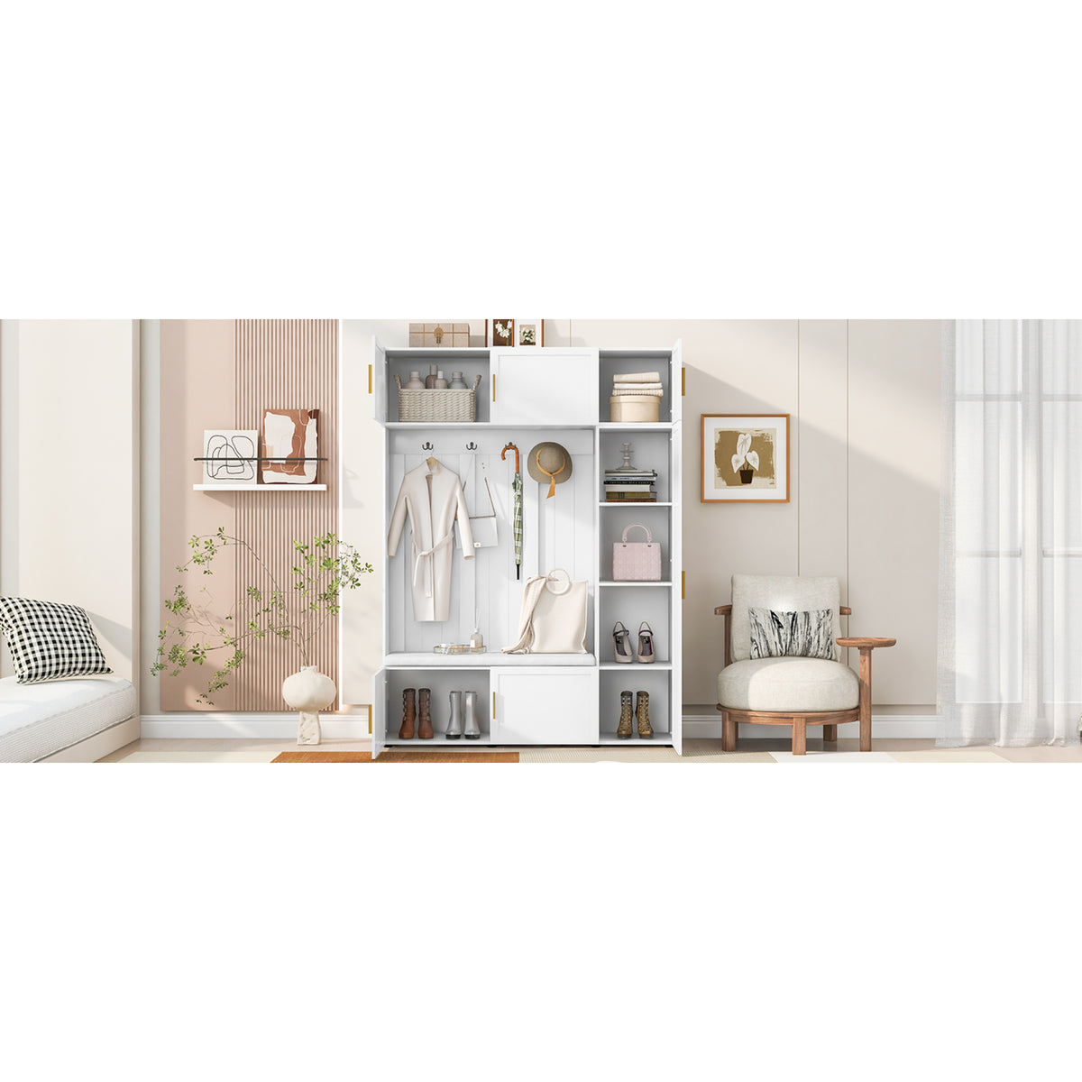 variant-group:rf-n724sj000166aak|Roomfitters American Style 4-in-1 Hall Tree, Upholstered Entryway Bench, Ancient White