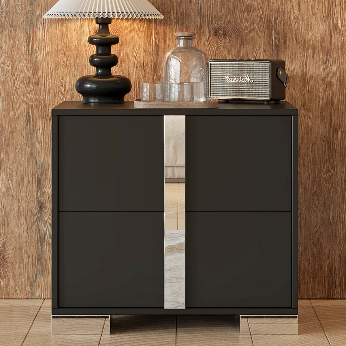 variant-group:rf-n733p307938b|Roomfitters Elegant Mirrored Nightstand with 2 Drawers and Metal Handle, Bedside Table for Bedroom or Living Room, Black