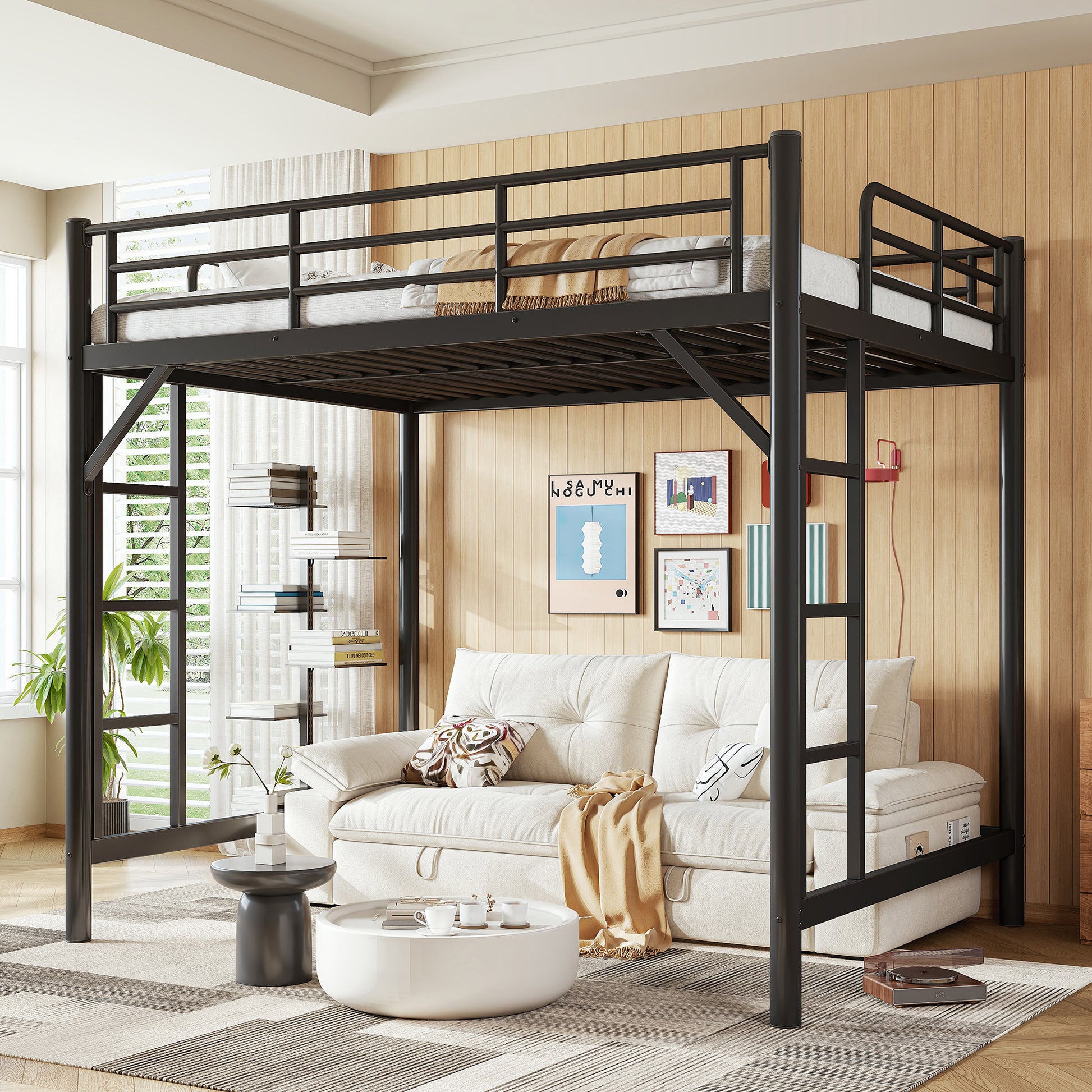 variant-group:rf-w1580p455015|Roomfitters Full Size Metal Loft Bed Frame with Guardrails, Heavy Duty Space Saving High Loft Bed Dual Ladders, Black