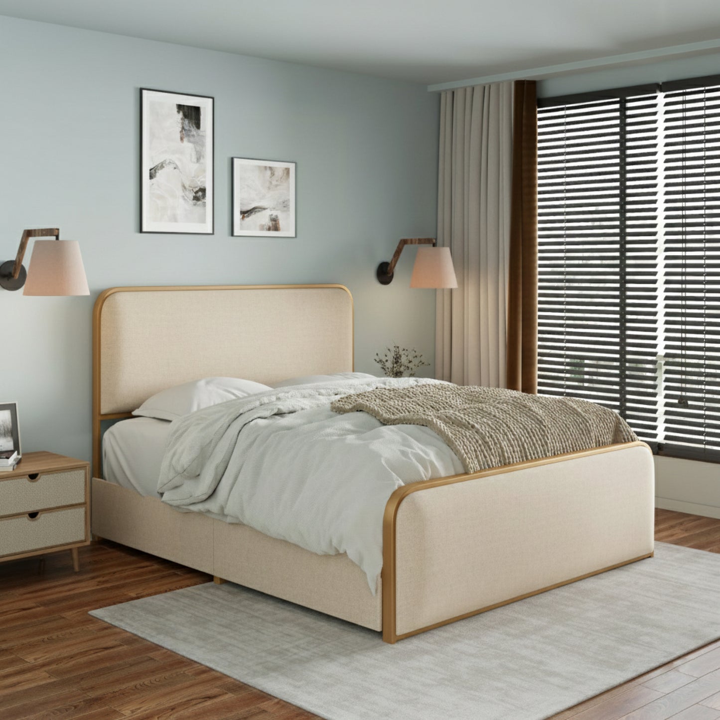 variant-group:rf-n701p229016c|Roomfitters Queen Size Upholstered Platform Bed Frame with Gold Metal Trim, Padded Curved Headboard & Footboard, Beige+Gold