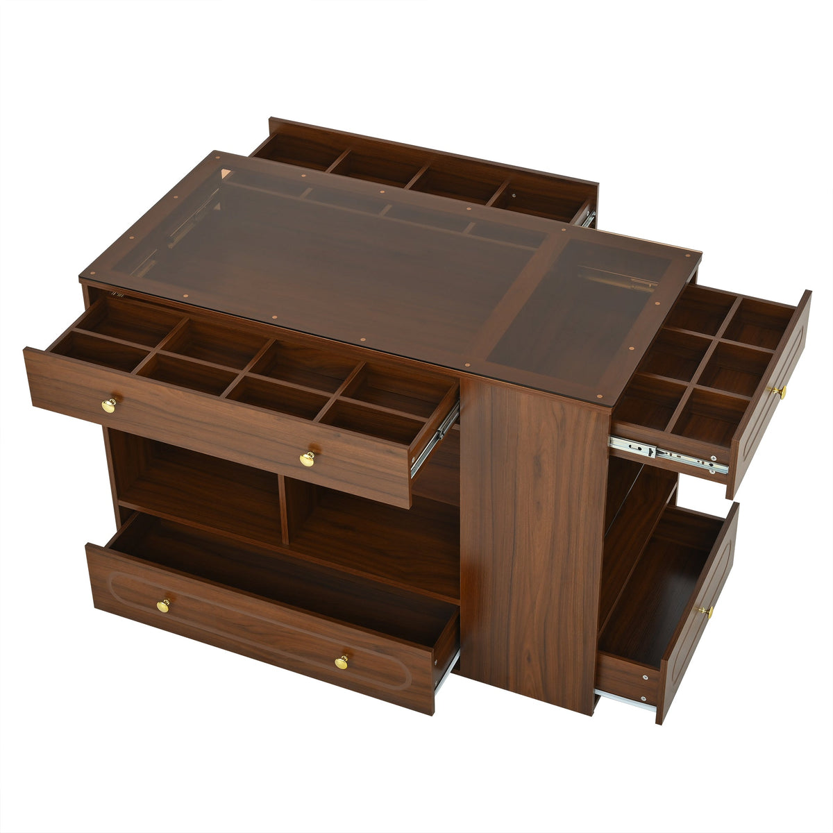 Roomfitters Closet Island with 6 Drawers, Glass Display Top and Open Shelves, Wardrobe Storage and Jewelry Vanity, Walnut