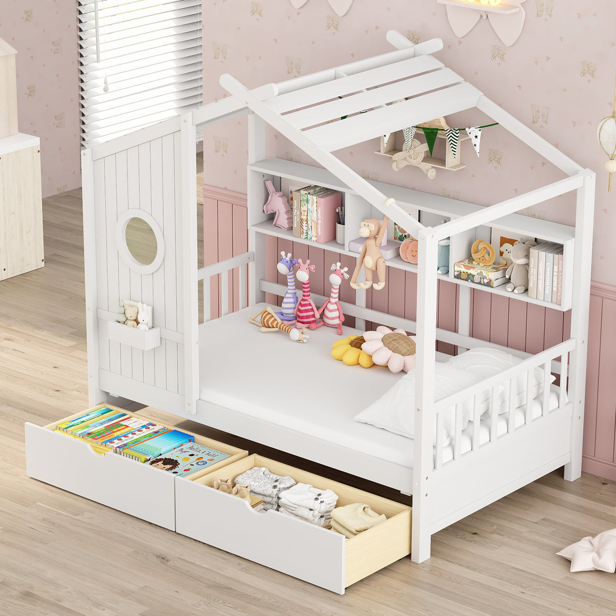 variant-group:rf-n733s308483k|Roomfitters Wooden Twin Size House Bed with 2 Drawers and Storage Shelf, White