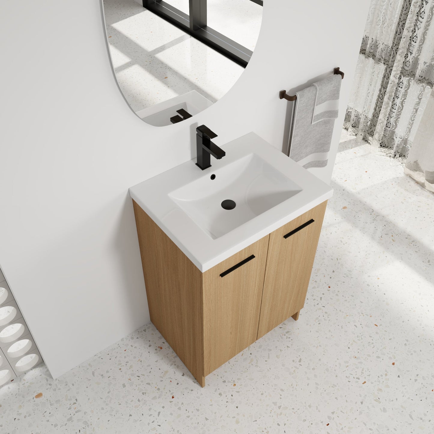 24" Freestanding Bathroom Vanity with Resin Sink, Light Oak, Double Door Storage, KD (Ready-to-Assemble), Includes Black & Brushed Aluminum Handles Roomfitters