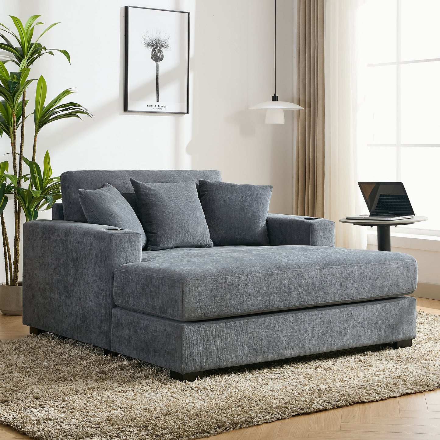 Roomfitters Oversized Chaise Lounger Sofa Couch, Upholstered Accent Chair Charge Station Cup Holders, Blue Gray