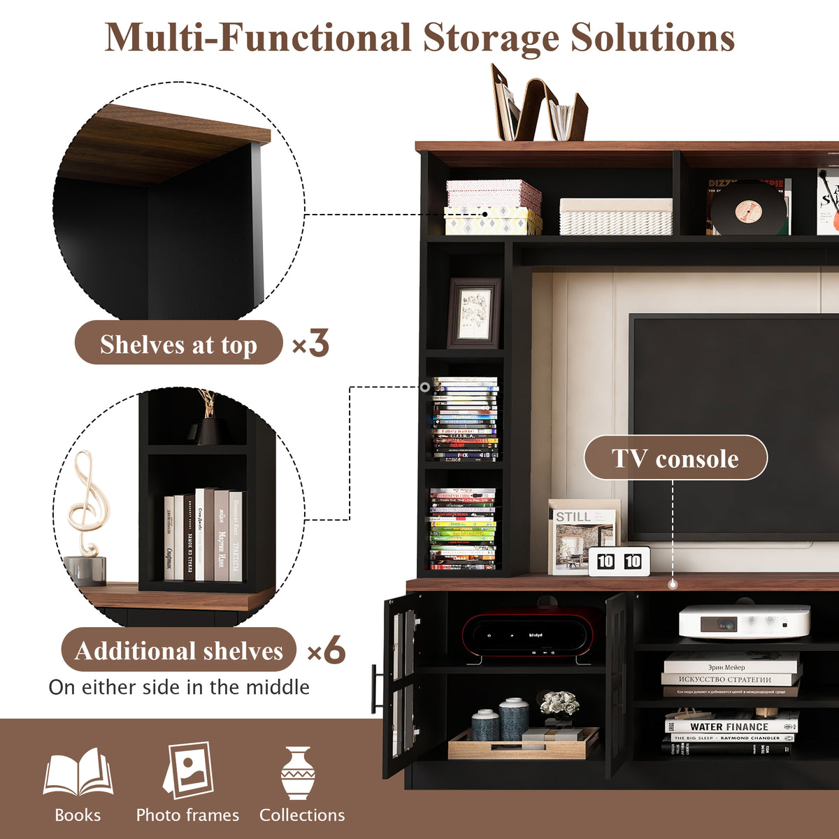 variant-group:rf-n724sj000127aab|Roomfitters Wall Unit Entertainment Center for up to 80 Inch TV, Media Console with Cabinets and Bookshelves, Black
