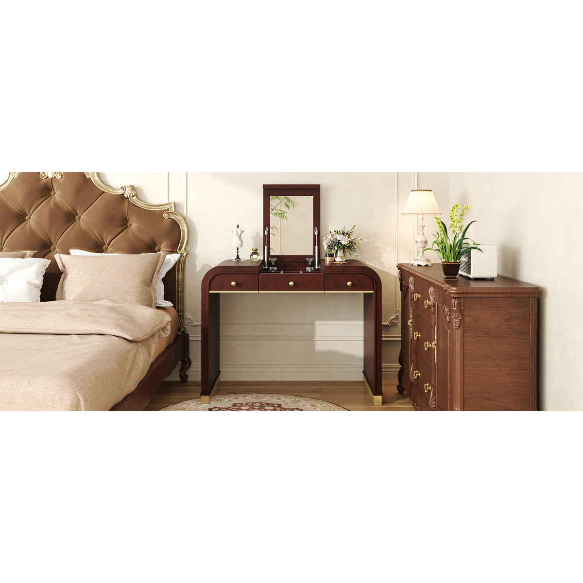 variant-group:rf-n704p381406p|Roomfitters Flip Top Vanity Desk with Mirror and Hidden Storage, Modern Makeup Table with Gold Trim for Small Space, Espresso