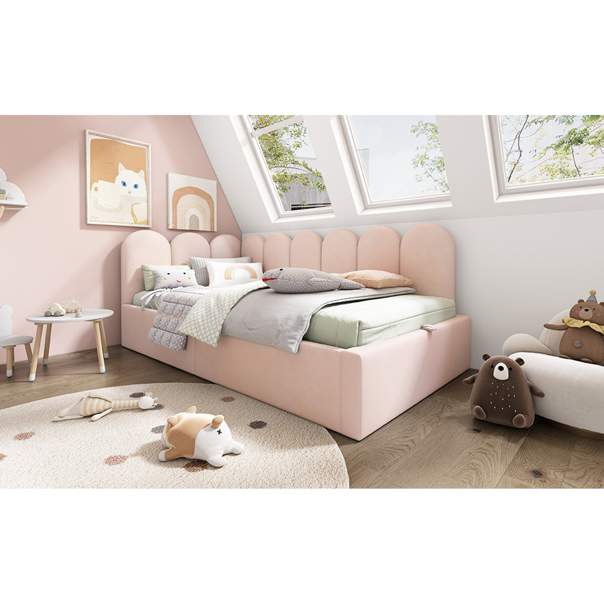 variant-group:rf-n736p333613p|Roomfitters Upholstered Twin Size Ottoman Daybed with Storage, Sofa Bed with Metal Slat Frame, Velvet Pink