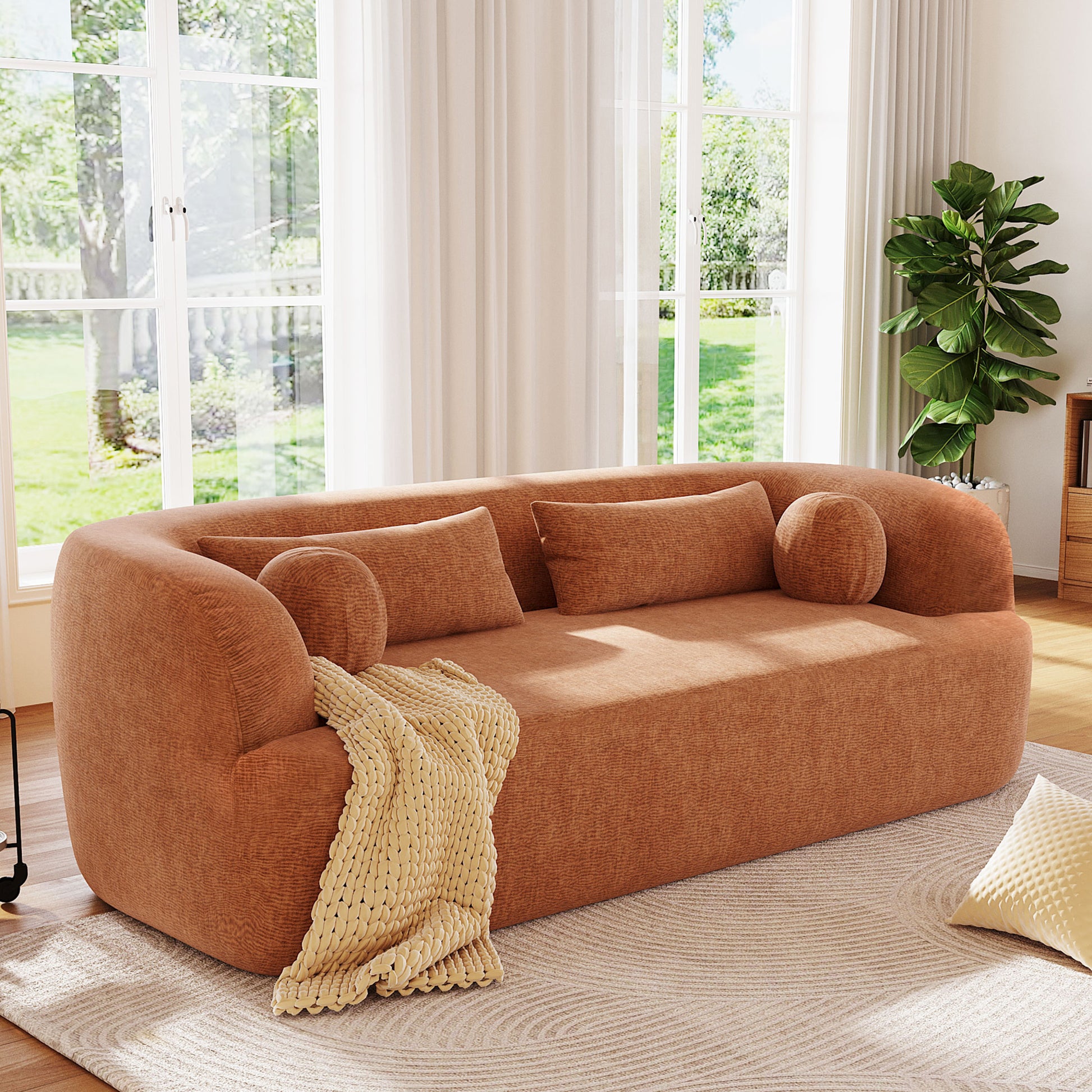 variant-group:rf-n723p404465g|Roomfitters 86 Inch Modern Curvy Sofa, 3-Seater Rounded Upholstered Couch with Plush Throw Pillows for Living Room, Orange