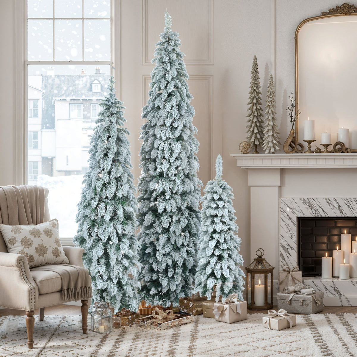 Roomfitters Pre-Lit Pencil Christmas Tree Set 8FT 6FT 4FT, Slim Snow-Flocked Artificial Trees with 1455 Tips, White Roomfitters