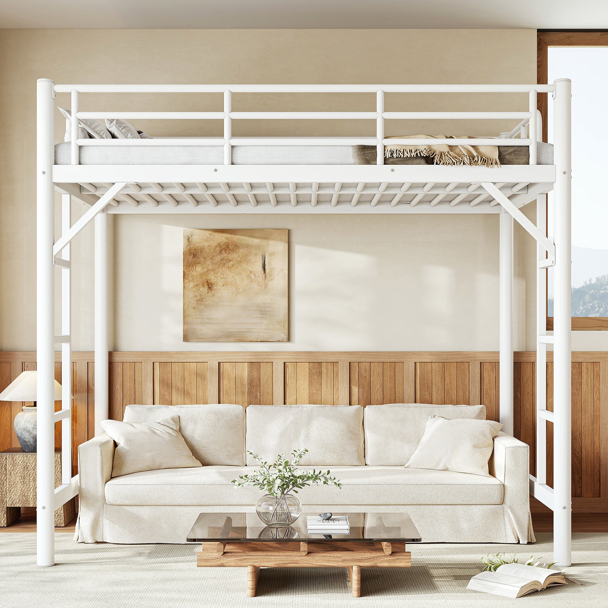 variant-group:rf-w1580p455012|Roomfitters Twin Size Metal Loft Bed Frame with Guardrails, Heavy Duty Space Saving High Loft Bed Dual Ladders, White
