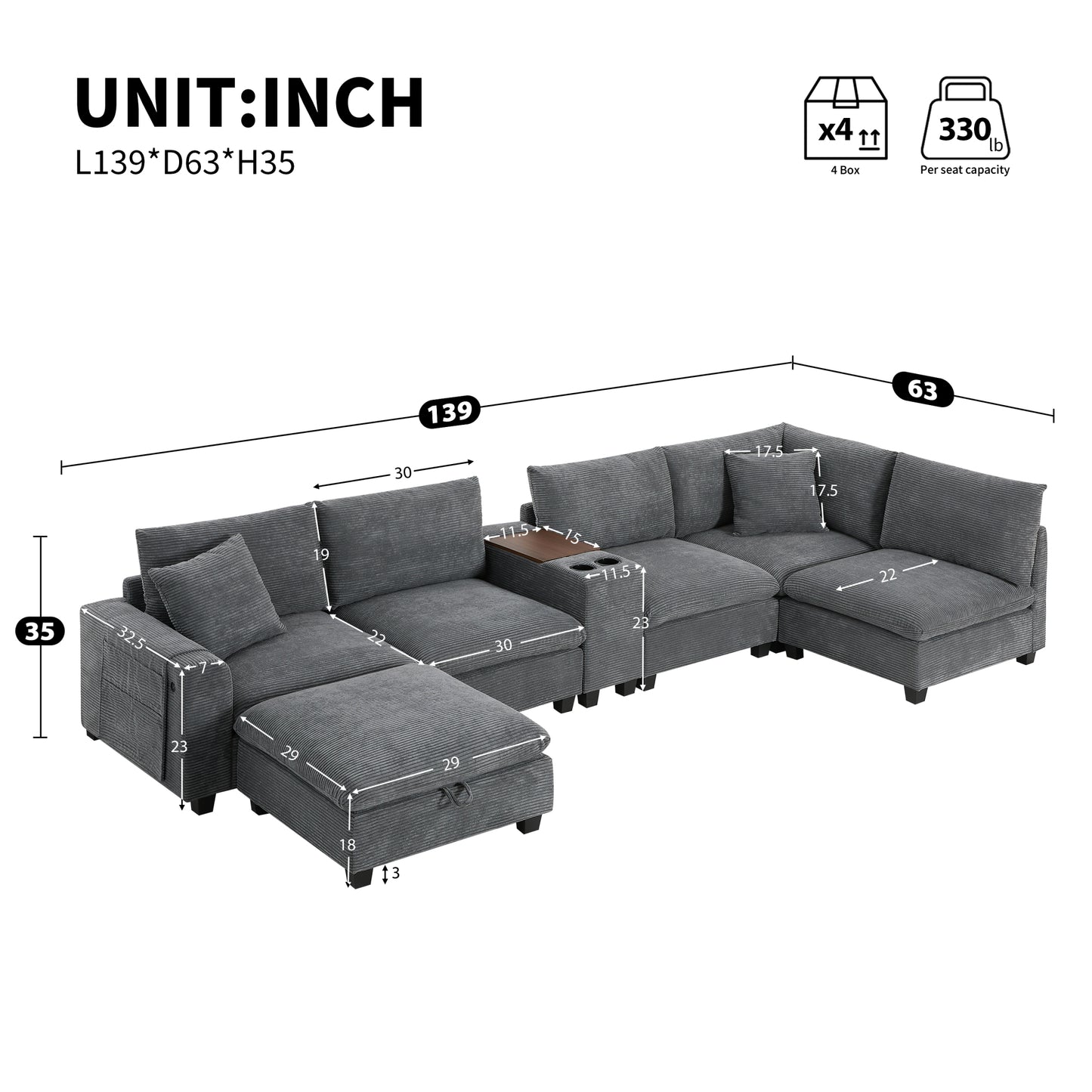 variant-group:rf-n723s1166e|Roomfitters 139 Inch U-Shaped Modular Sectional Sofa with Storage Console, Cup Holders and USB Ports for Living Room, Gray