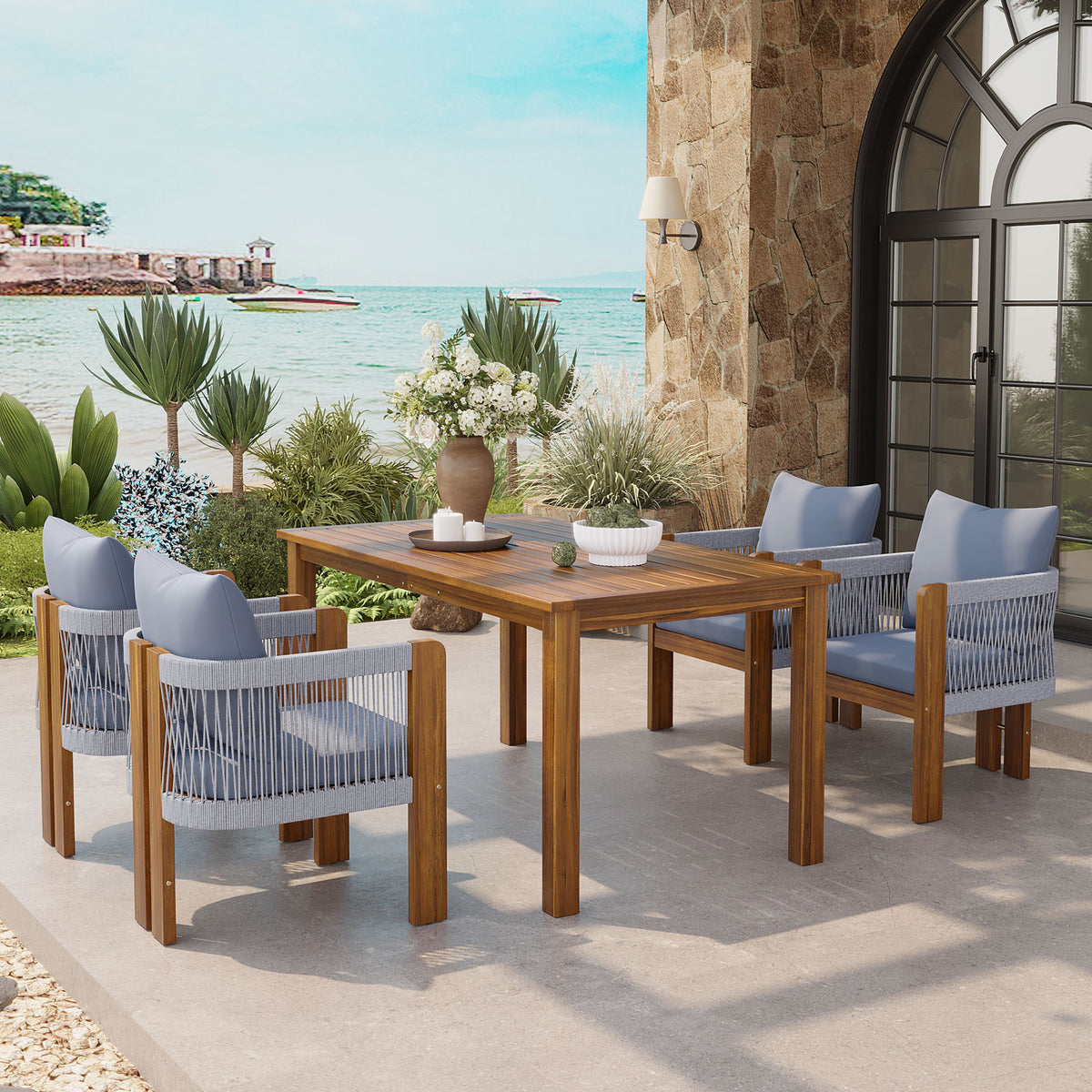 variant-group:rf-n711wy000496aae|Roomfitters 5-Piece Rope Woven Outdoor Dining Set, Farmhouse Solid Acacia Table, 4 Chairs Pack, Brown and Grey
