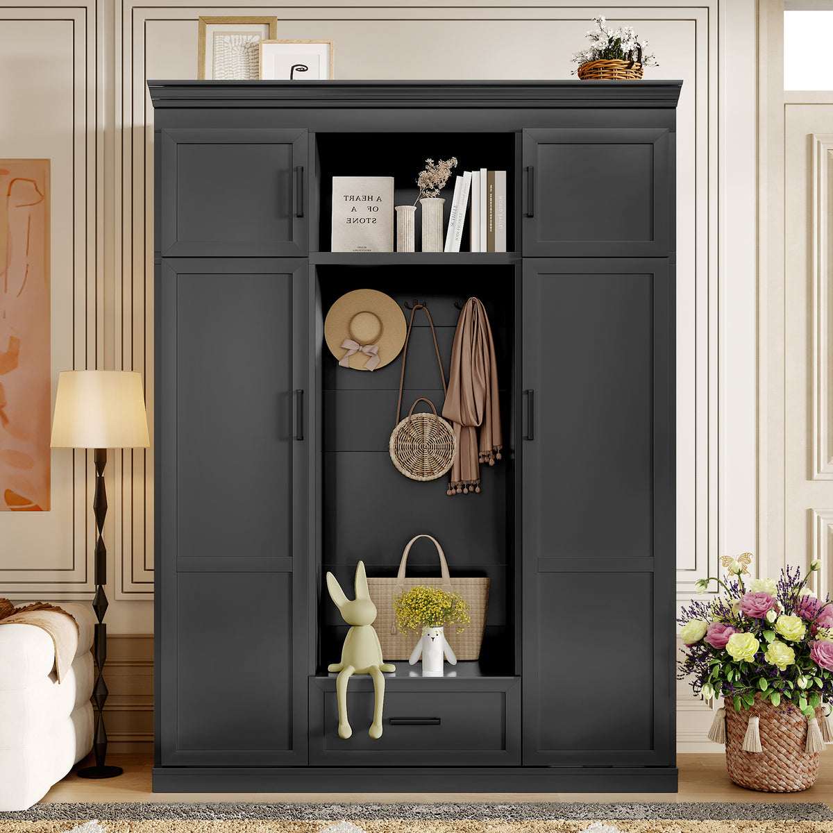 variant-group:rf-n724sj000140aab|Roomfitters 85.2" Hall Tree with Bench, 3 Hooks, 4 Doors, 1 Drawer and Adjustable Storage Shelves, Black
