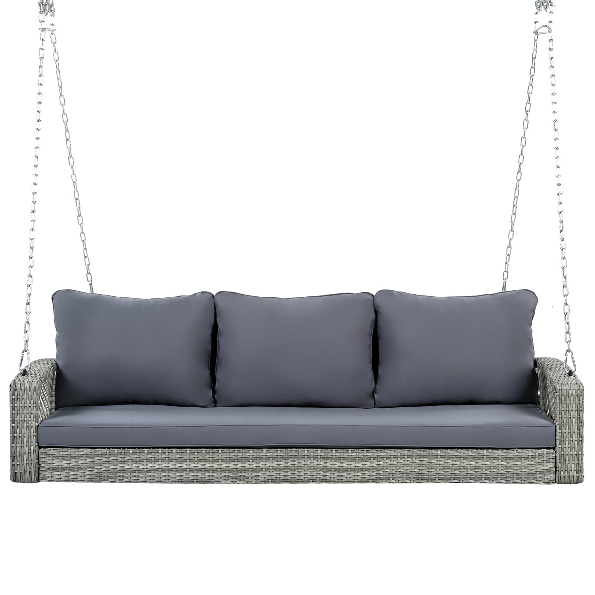 Roomfitters 69" PE Wicker 3-Person Porch Swing, Large Patio Swing Bench with Chains & Cushions, Backyard & Garden, Gray Roomfitters