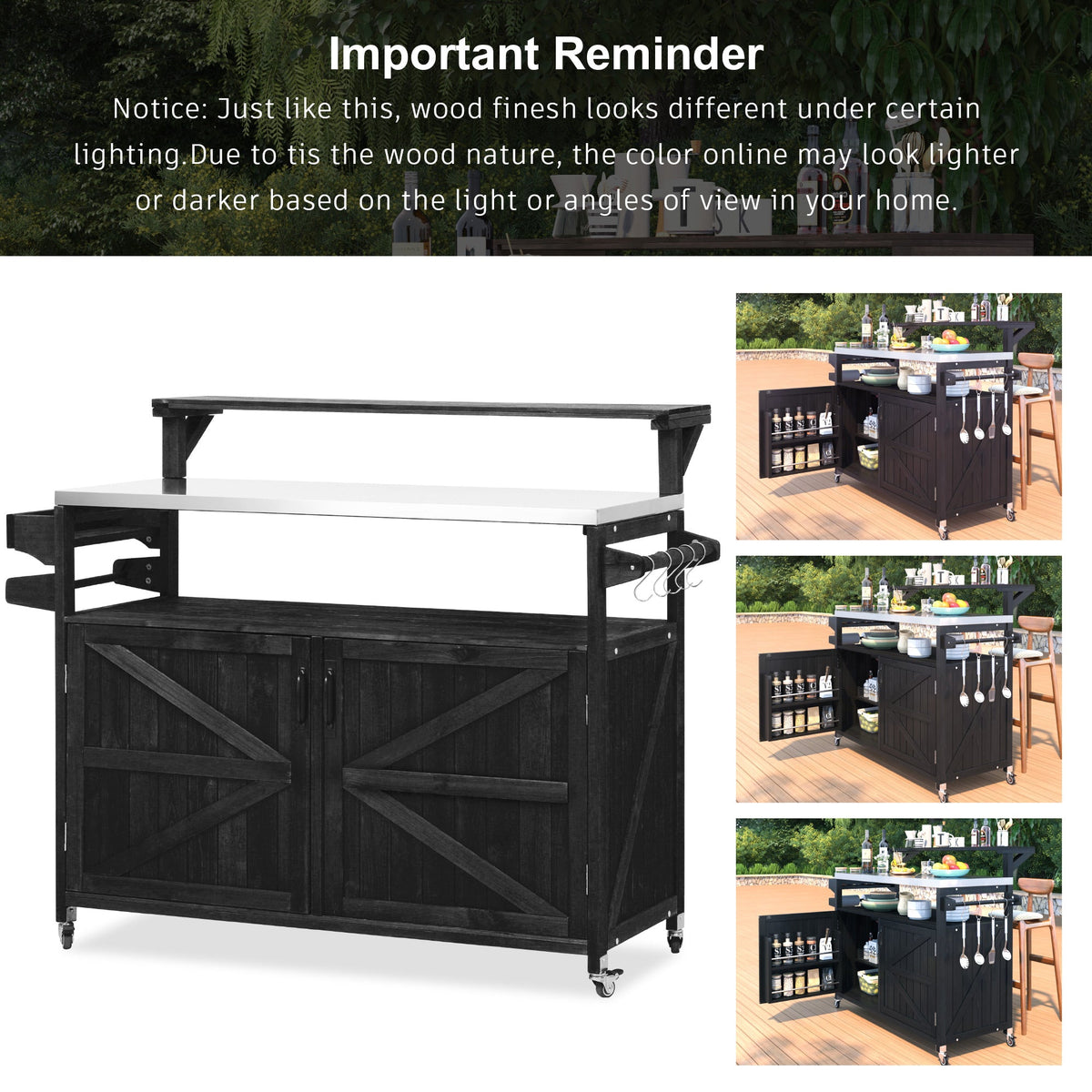 Roomfitters 56.5" Grill Cart, Outdoor Kitchen Island with Stainless Steel Top and Storage Cabinet, BBQ Prep Station, Black