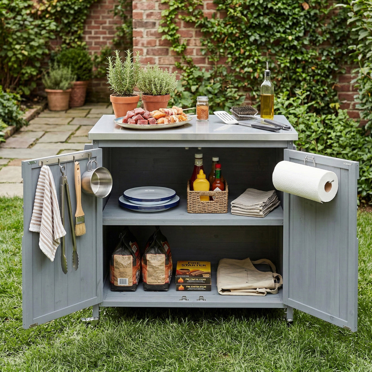 variant-group:rf-n707p370287g|Roomfitters 42.1" Grill Cart, Outdoor Kitchen Island with Stainless Steel Top, BBQ Prep Station with Spice Rack, Grey+Blue