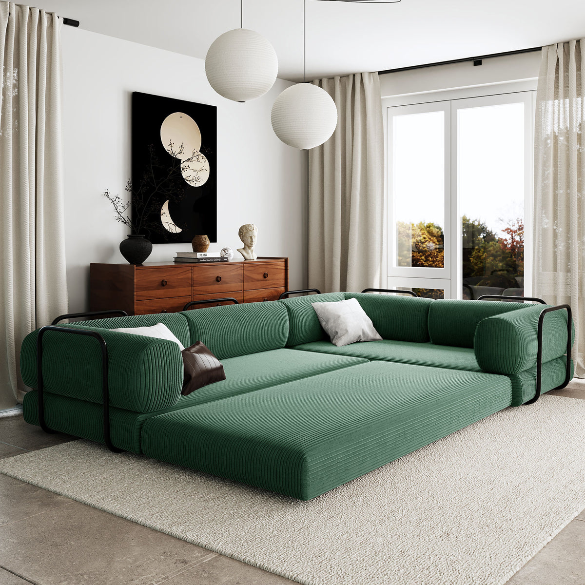 variant-group:rf-n711wy000463aac|Roomfitters Modern L-Shaped Modular Sofa Bed, Corduroy Convertible Sleeper Sectional Couch with Industrial Metal Frame, Green
