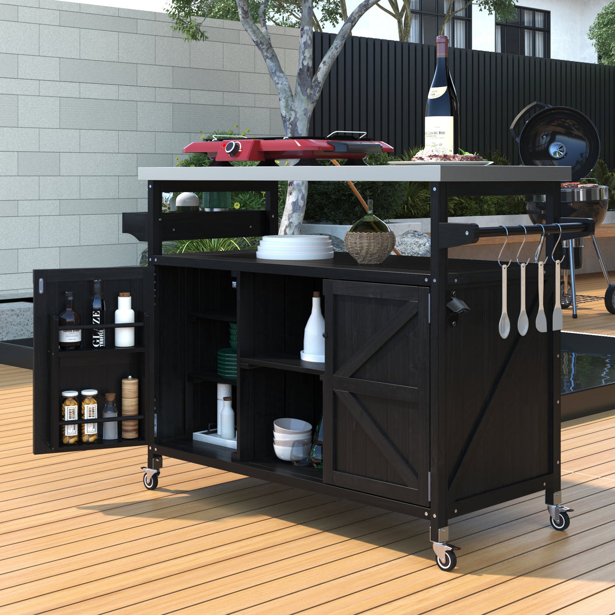 Roomfitters Outdoor Kitchen Island, Rolling Bar Cart with Storage Cabinet, Wood Grill Table, Stainless Steel Top, Spice Rack, Black
