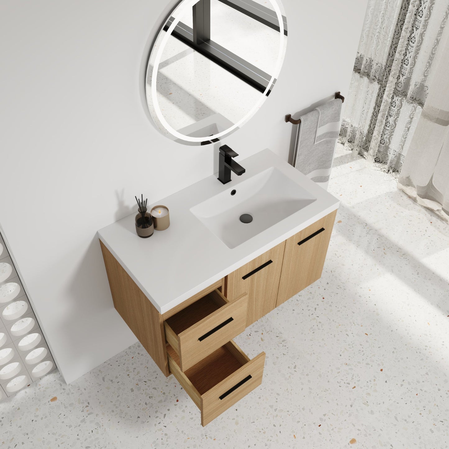 36" Wall-Mounted Floating Bathroom Vanity with Sink, Light Oak, 2-Door & 2-Drawer Modular Cabinet, Gel Coat Sink Top, 3 Boxes Roomfitters