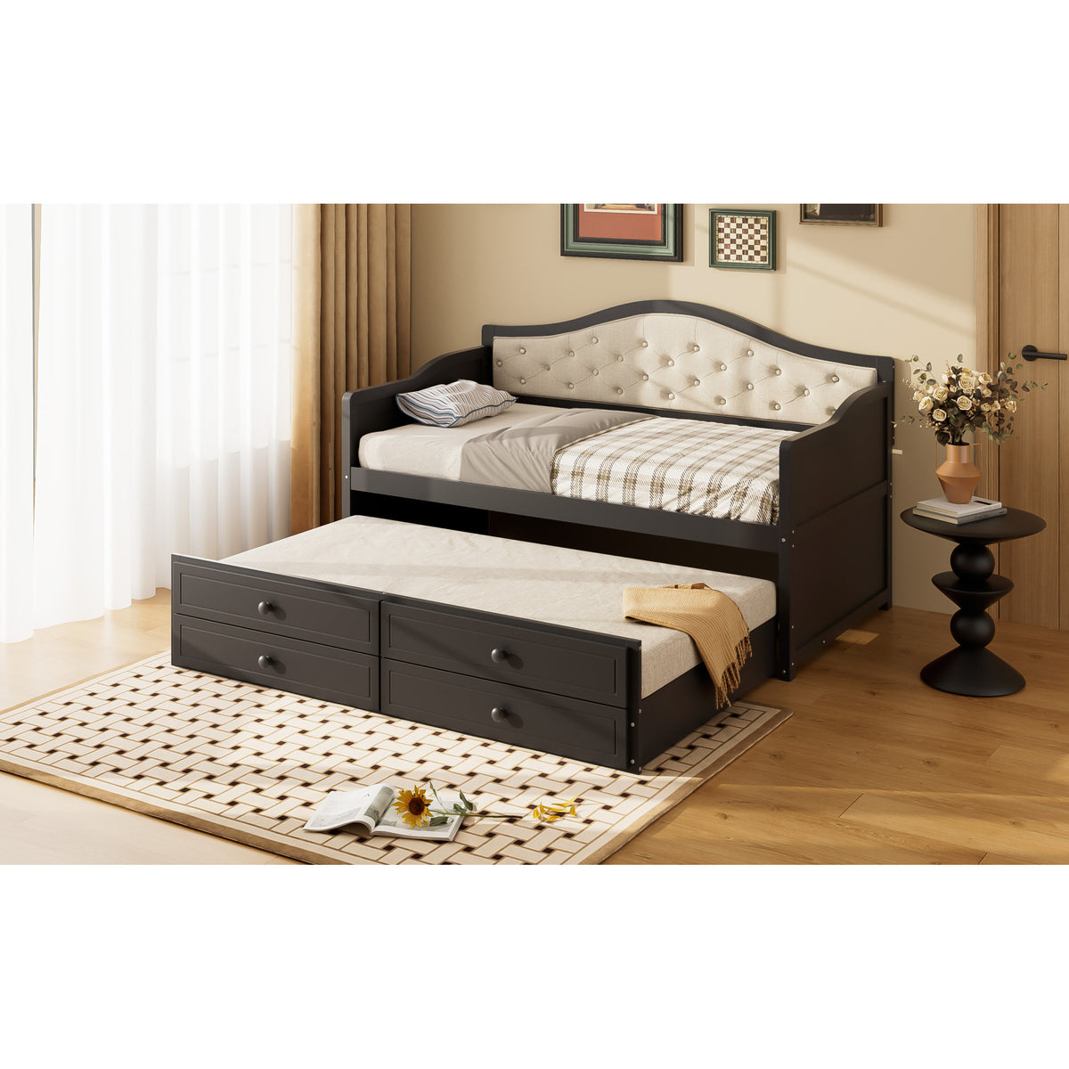 variant-group:rf-n733s346767p|Roomfitters Twin Daybed with Trundle, Wooden Sofa Bed with 2 Storage Drawers & Tufted Backrest, Black