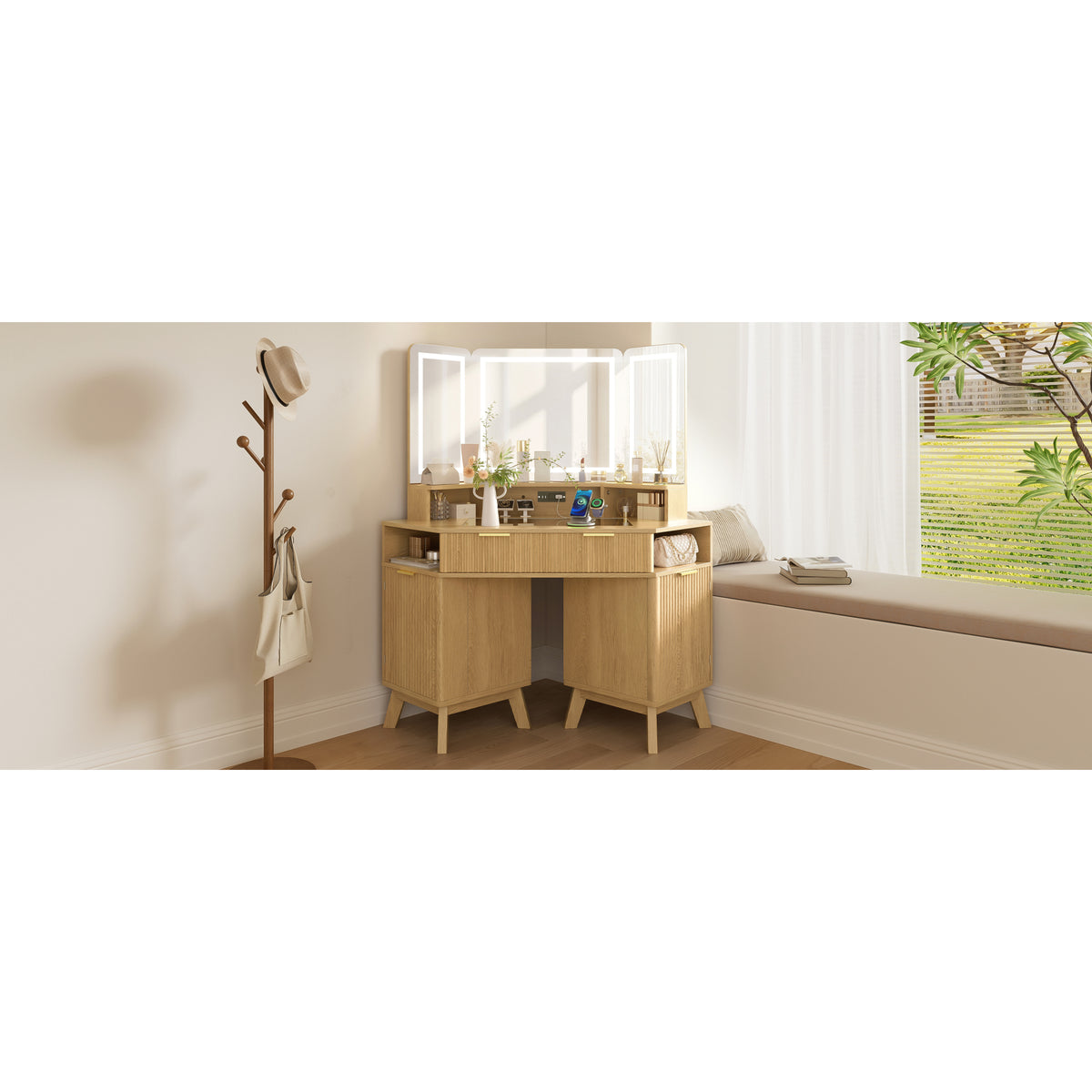 variant-group:rf-n704p392485n|Roomfitters 47.2" Corner Makeup Vanity Desk with 3-Panel LED Mirror, Glass Top, Charging Station and Storage Hutch, Oak