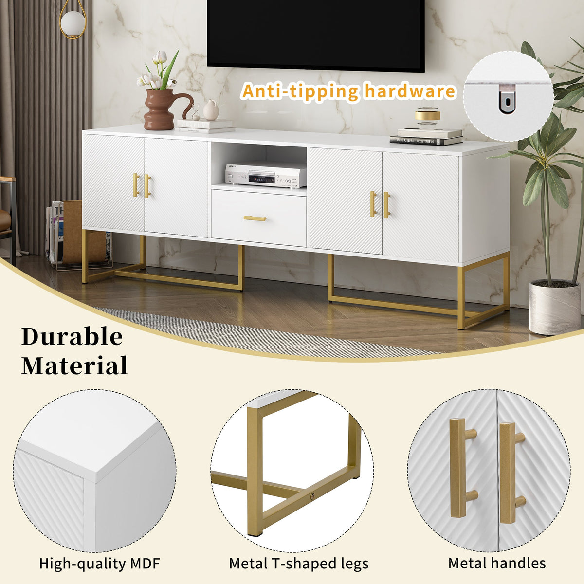 Roomfitters Modern TV Stand for up to 70 Inch TV, Media Cabinet with Drawer, Metal Legs and Safety Features, White Roomfitters