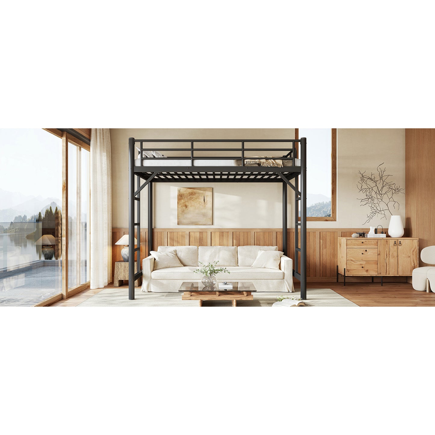 variant-group:rf-w1580p455010|Roomfitters Twin Size Metal Loft Bed Frame with Guardrails, Heavy Duty Space Saving High Loft Bed Dual Ladders, Black