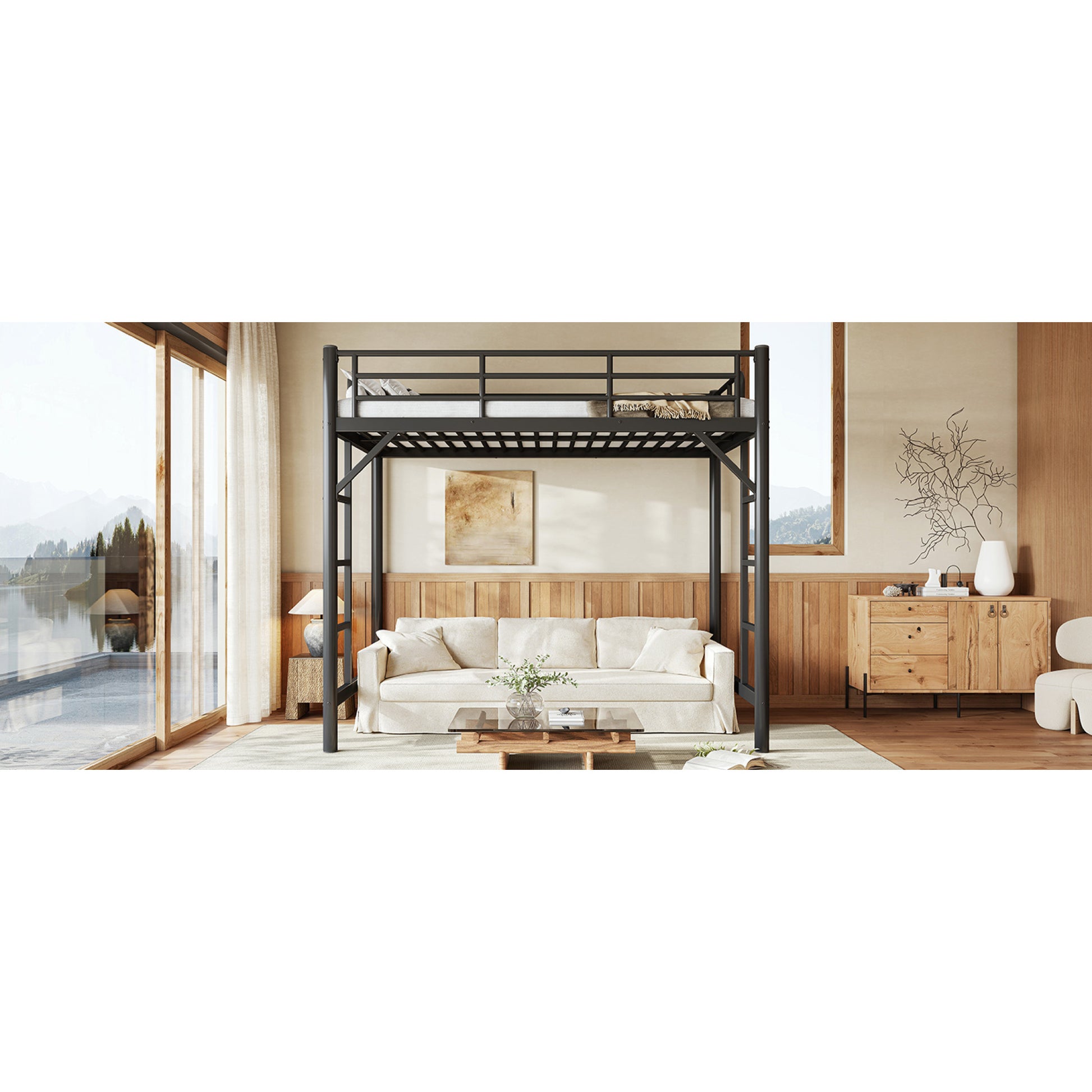 variant-group:rf-w1580p455010|Roomfitters Twin Size Metal Loft Bed Frame with Guardrails, Heavy Duty Space Saving High Loft Bed Dual Ladders, Black