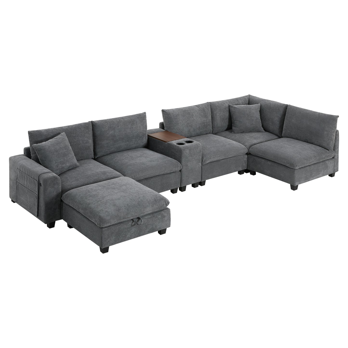 variant-group:rf-n723s1166e|Roomfitters 139 Inch U-Shaped Modular Sectional Sofa with Storage Console, Cup Holders and USB Ports for Living Room, Gray