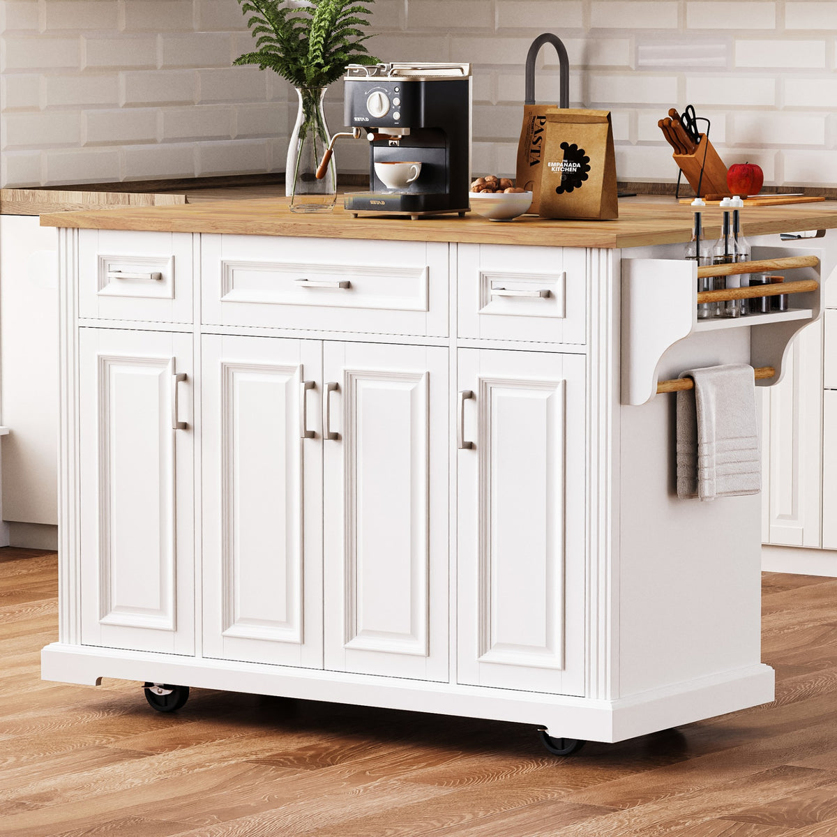 variant-group:rf-n707s195395w|Roomfitters 54" Kitchen Island with Wood Top, Rolling Storage Cabinet with 3 Drawers and 3 Doors, Spice Rack, White