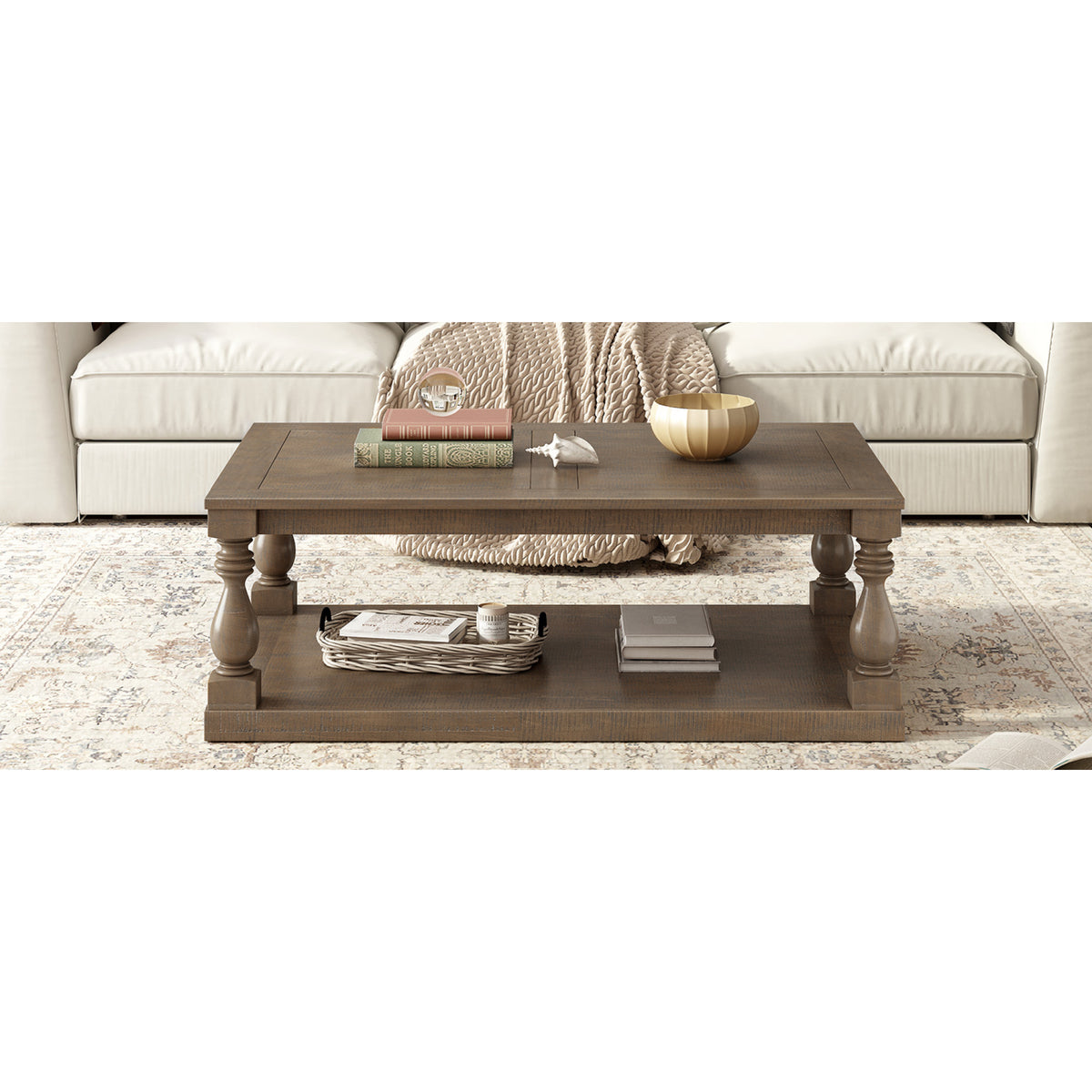 variant-group:rf-n711p407149d|Roomfitters Vintage Brown Pine Wood Coffee Table, Sculpted Vase Column Leg Cocktail Table, Living Room Statement Stand