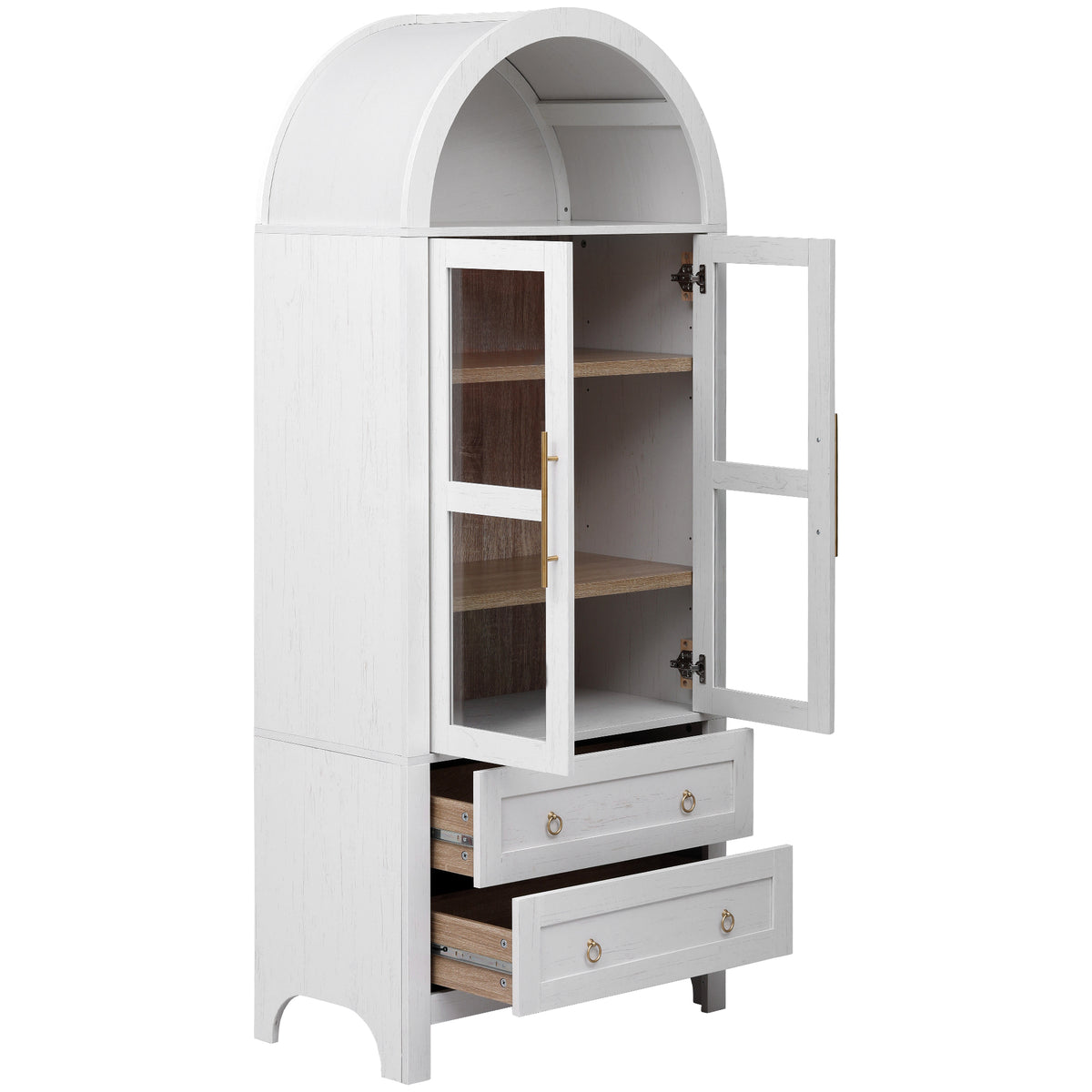 variant-group:rf-n707p288972w|Roomfitters 71" Pantry Cabinet with Arched Top and Glass Doors, 2 Storage Drawers and Adjustable Shelves for Kitchen, White