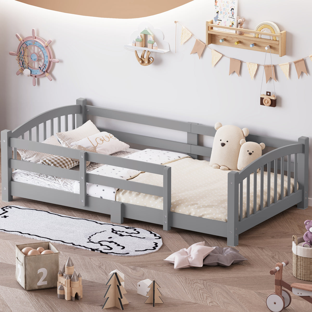 variant-group:rf-n733p400298e|Roomfitters Twin Montessori Floor Bed with Guardrails, Solid Wood Low Platform Bed with Slats, Easy Assembly, Gray