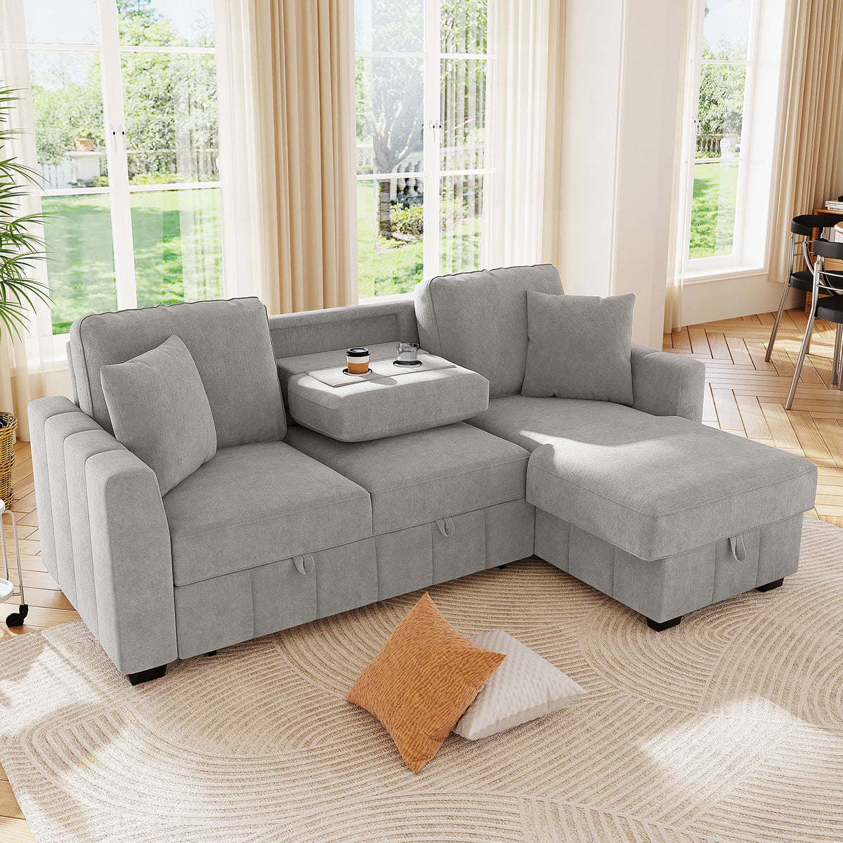 variant-group:rf-n711wy000467aae|Roomfitters 90" L-Shaped Sectional Sleeper Sofa with Storage Chaise and Pull Out Bed, Fold Down Cup Holder Table, Grey