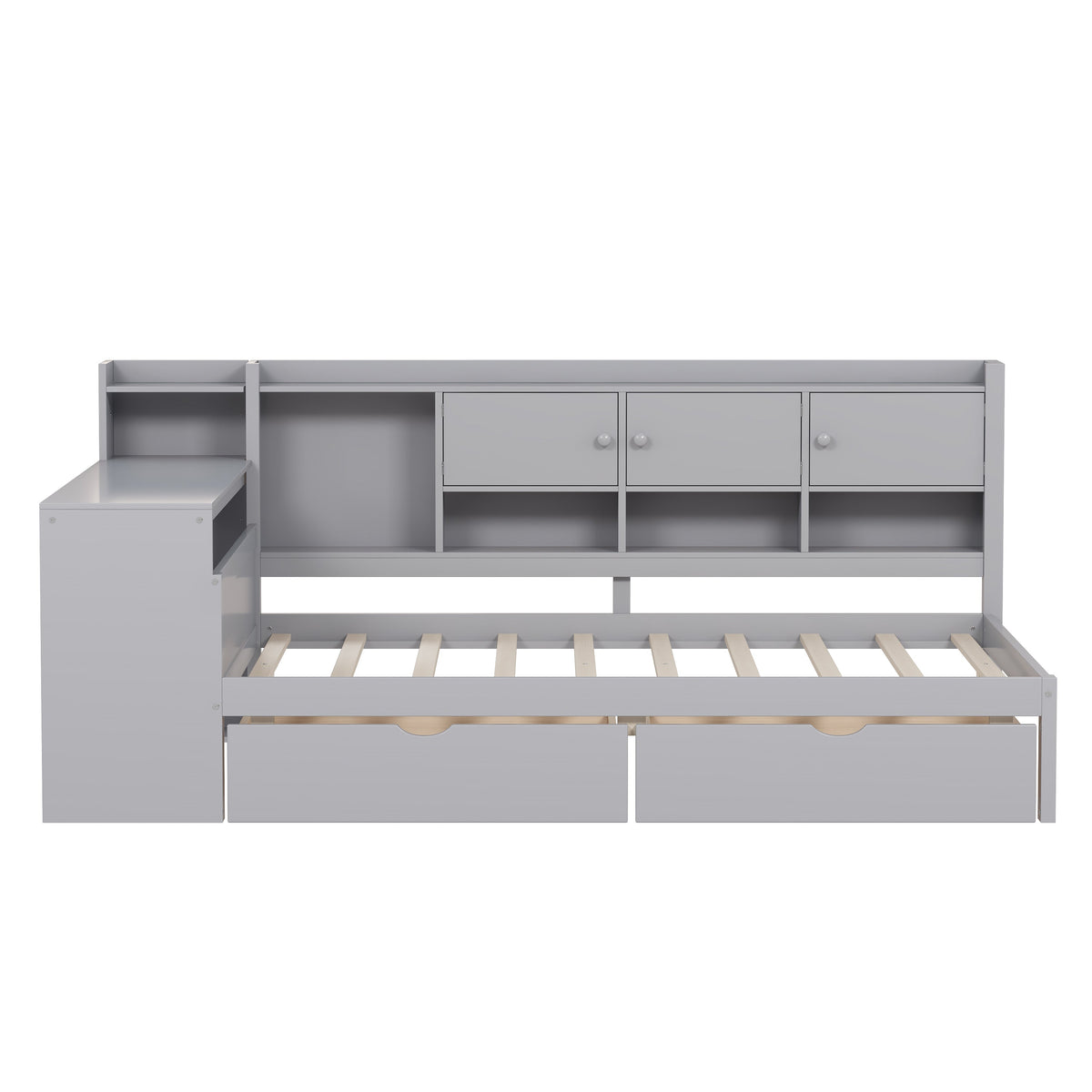 Roomfitters Wooden L-Shape Daybed with Storage Cabinets, Study Desk, Built-In Bookshelf, Space-Saving Platform Bed, Gray