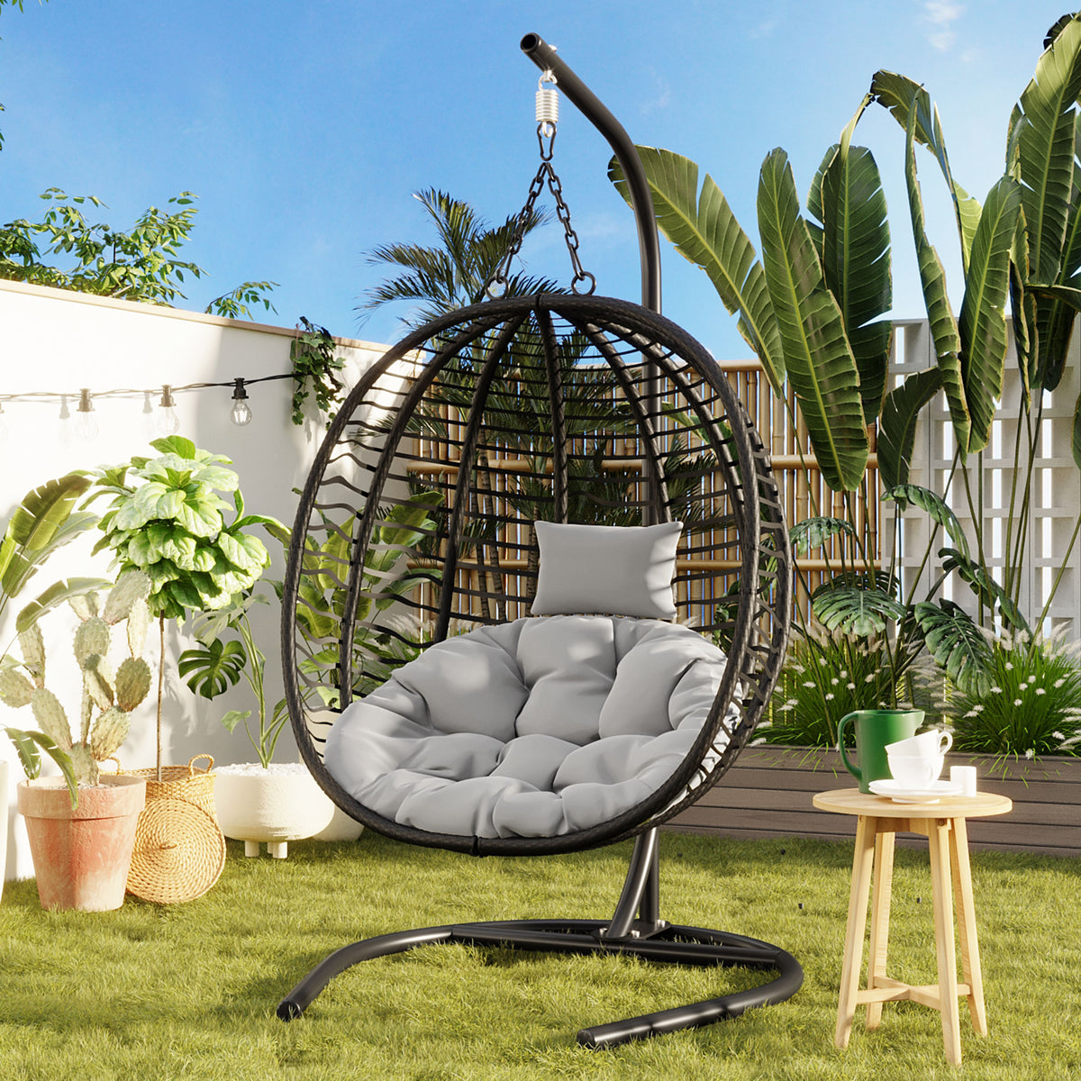 variant-group:rf-n711p389503e|Roomfitters Single Person Folding Egg Chair with Stand, UV Resistant Wicker Rattan Swing for Patio, Garden, Black+ Gray
