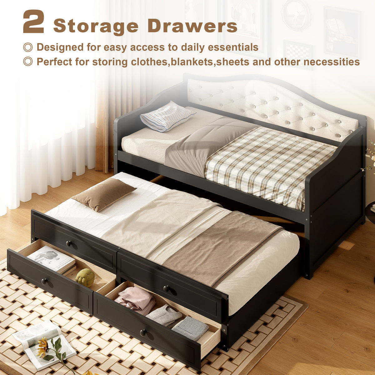 variant-group:rf-n733s346767p|Roomfitters Twin Daybed with Trundle, Wooden Sofa Bed with 2 Storage Drawers & Tufted Backrest, Black