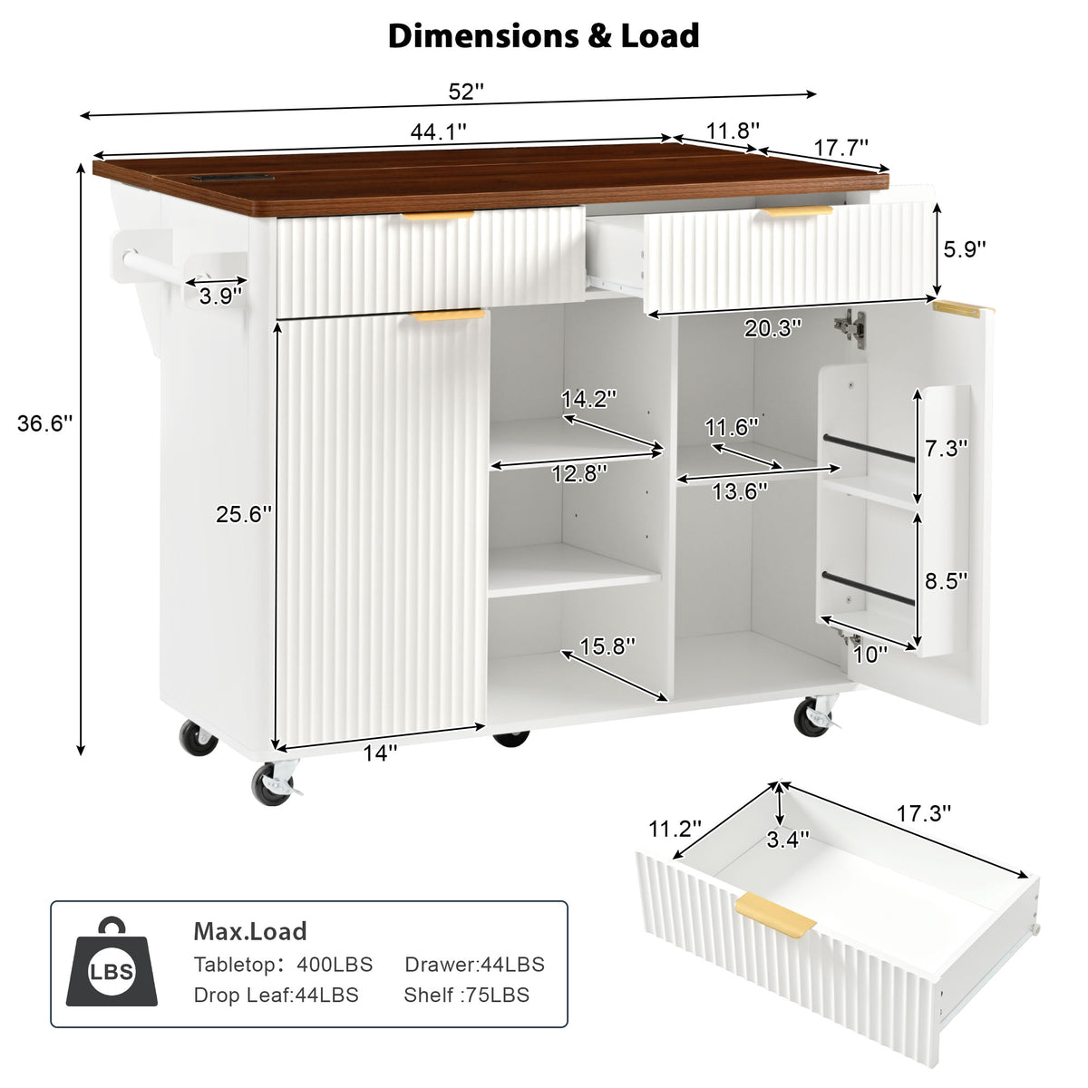variant-group:rf-n707s000019w|Roomfitters 52" Fluted Kitchen Island with Drop Leaf, Power Outlet & Walnut Wood-Grain Top, White