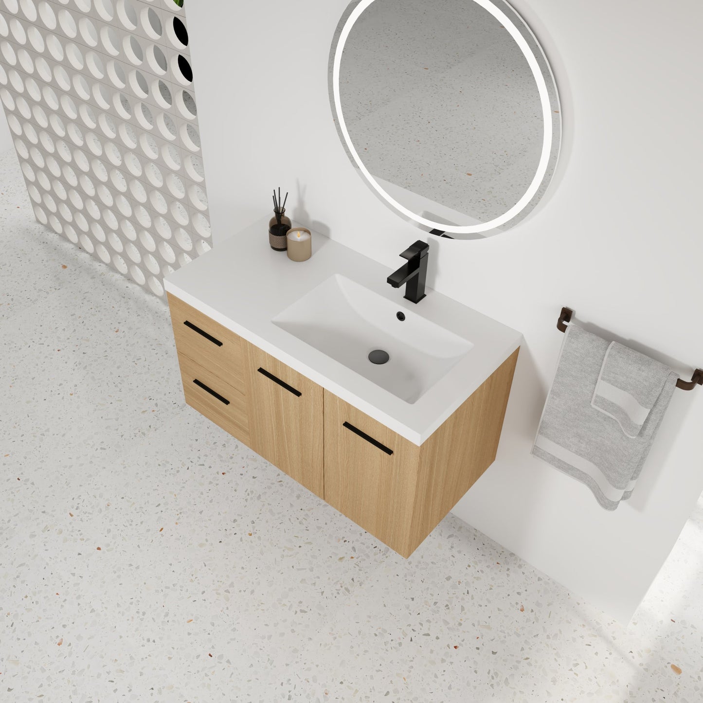36" Wall-Mounted Floating Bathroom Vanity with Sink, Light Oak, 2-Door & 2-Drawer Modular Cabinet, Gel Coat Sink Top, 3 Boxes Roomfitters