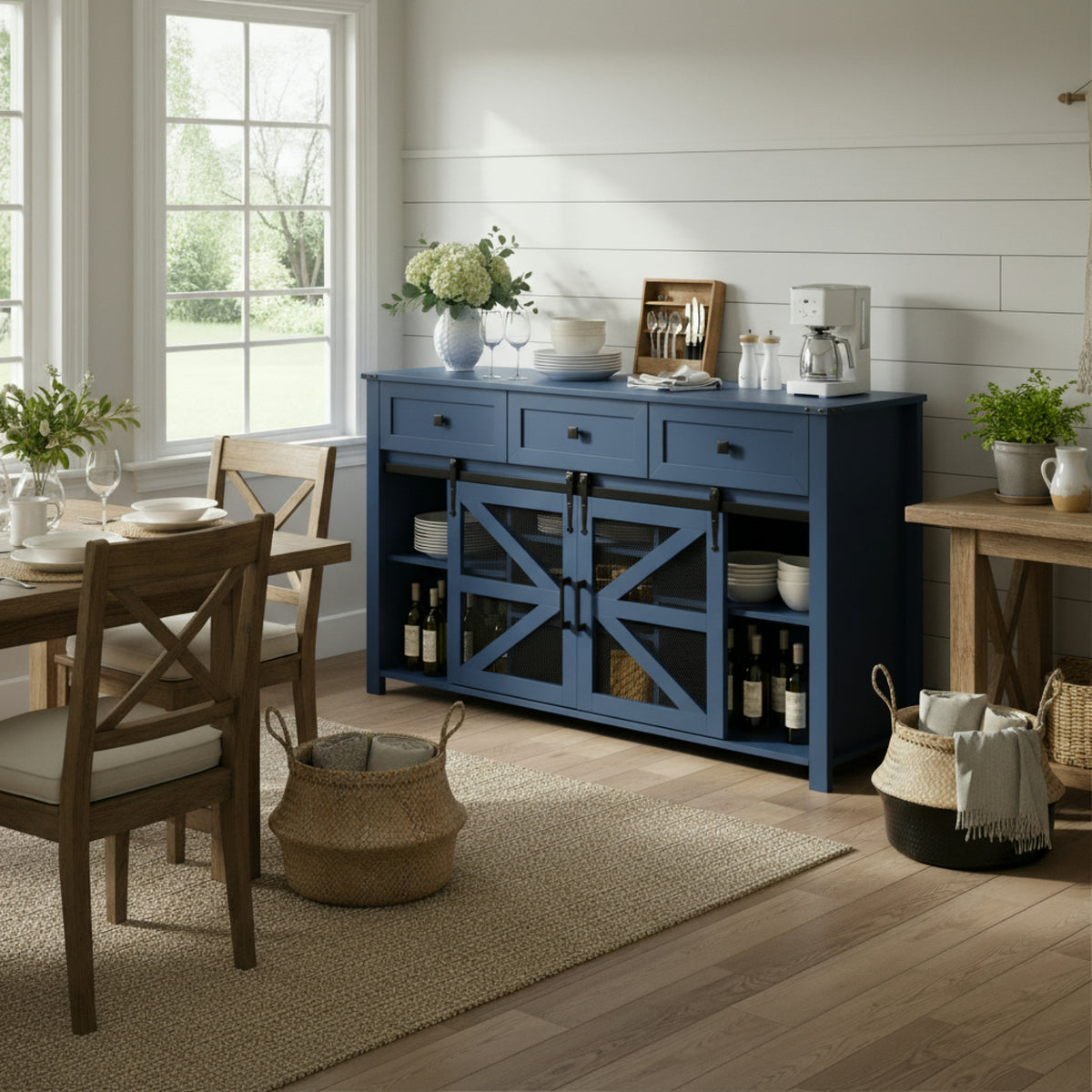 variant-group:rf-n711p347384v|Roomfitters 55" Sideboard Buffet Cabinet with 3 Drawers & Sliding Barn Doors, Farmhouse Storage for Kitchen & Dining, Navy Blue