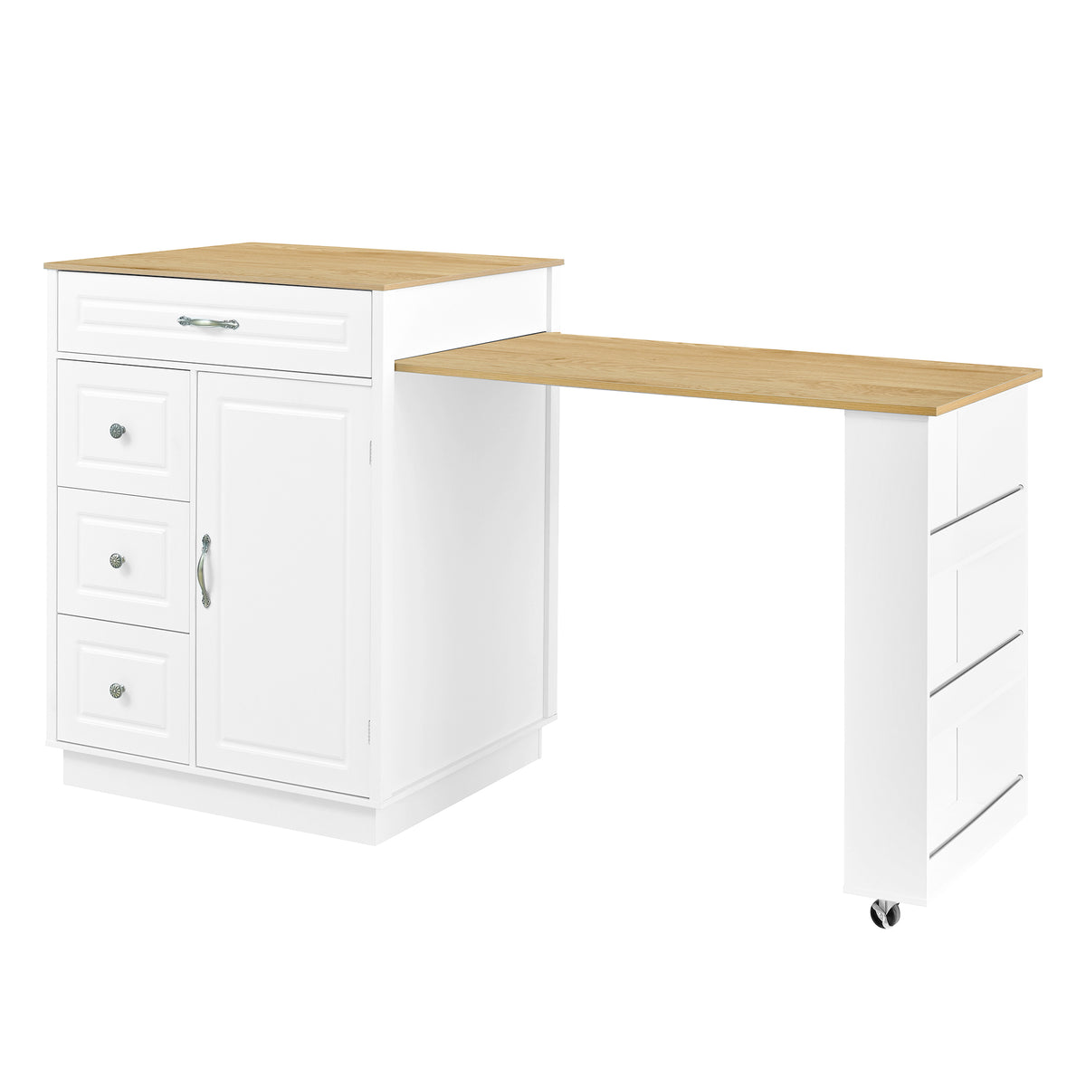 variant-group:rf-n711wy000493aak|Roomfitters White and Natural Wood MDF Extendable Bar Cabinet, Rolling Kitchen Island Table, Wine Rack Storage