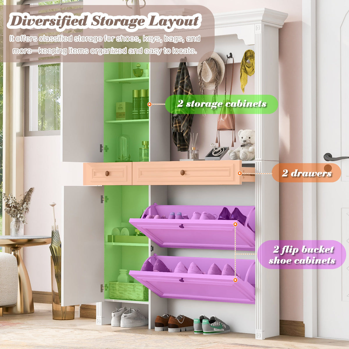 Roomfitters Hall Tree with Shoe Cabinet and Mirrored Door, 4 Hooks and Bench Storage Organizer, White Roomfitters