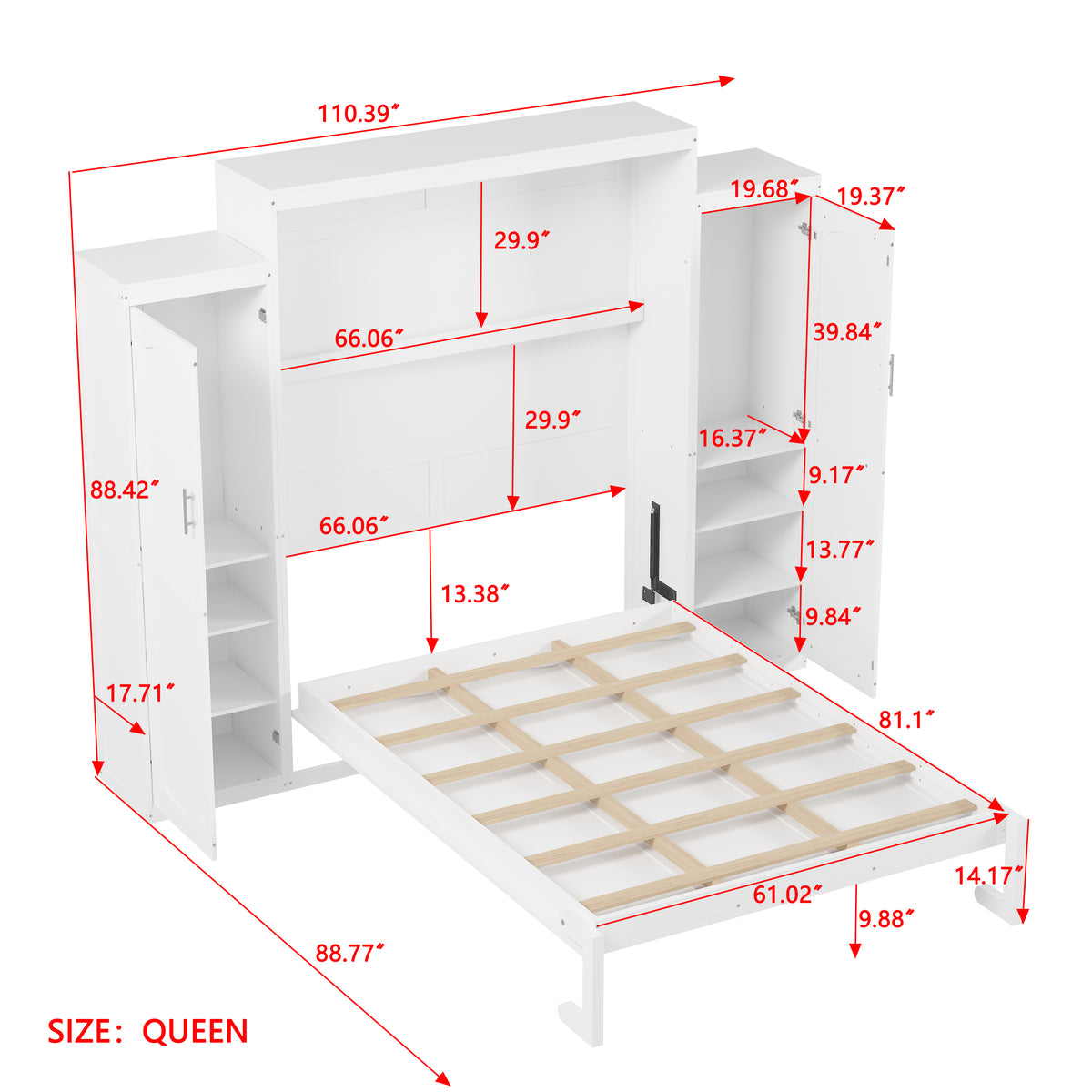 variant-group:rf-n733s339767k|Roomfitters Queen Murphy Bed with Storage Cabinets and Shelf, Foldable Wall Bed Platform for Guest Room and Bedroom, White