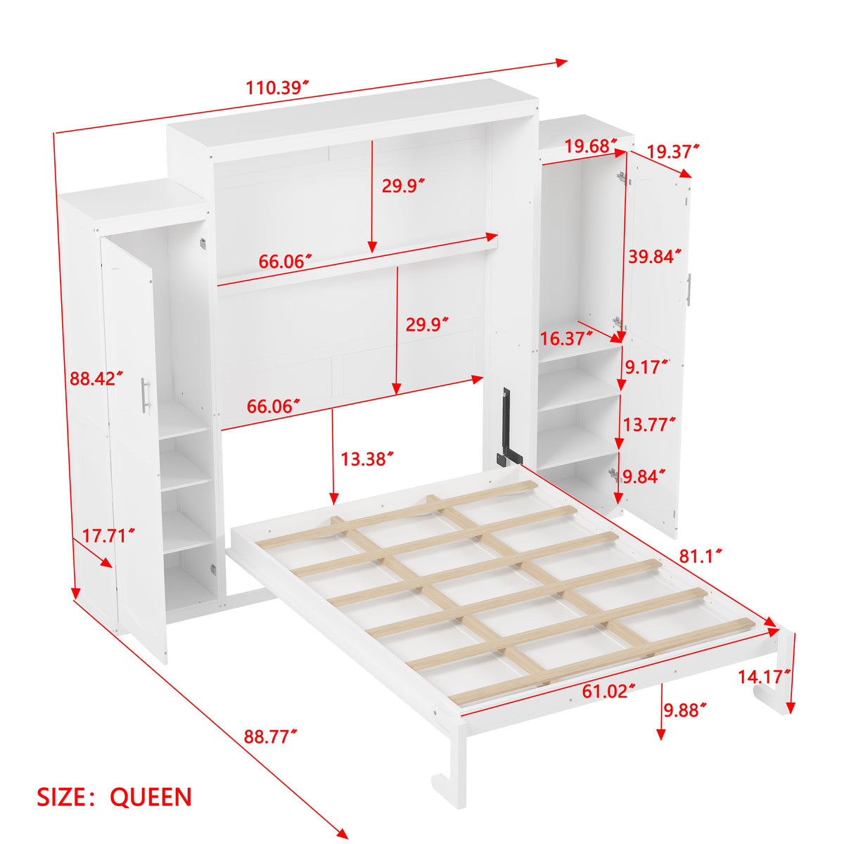 Roomfitters Queen Murphy Bed with Storage Cabinets and Shelf, Foldable Wall Bed Platform for Guest Room and Bedroom, White Roomfitters