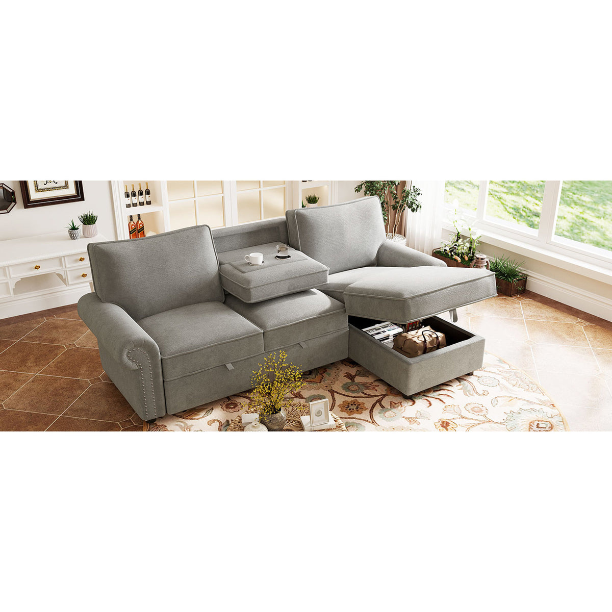 variant-group:rf-n711wy000466aae|Roomfitters 95" Convertible Sectional Sleeper Sofa L-Shaped Couch with Storage Chaise and Pull Out Bed for Living Room, Grey